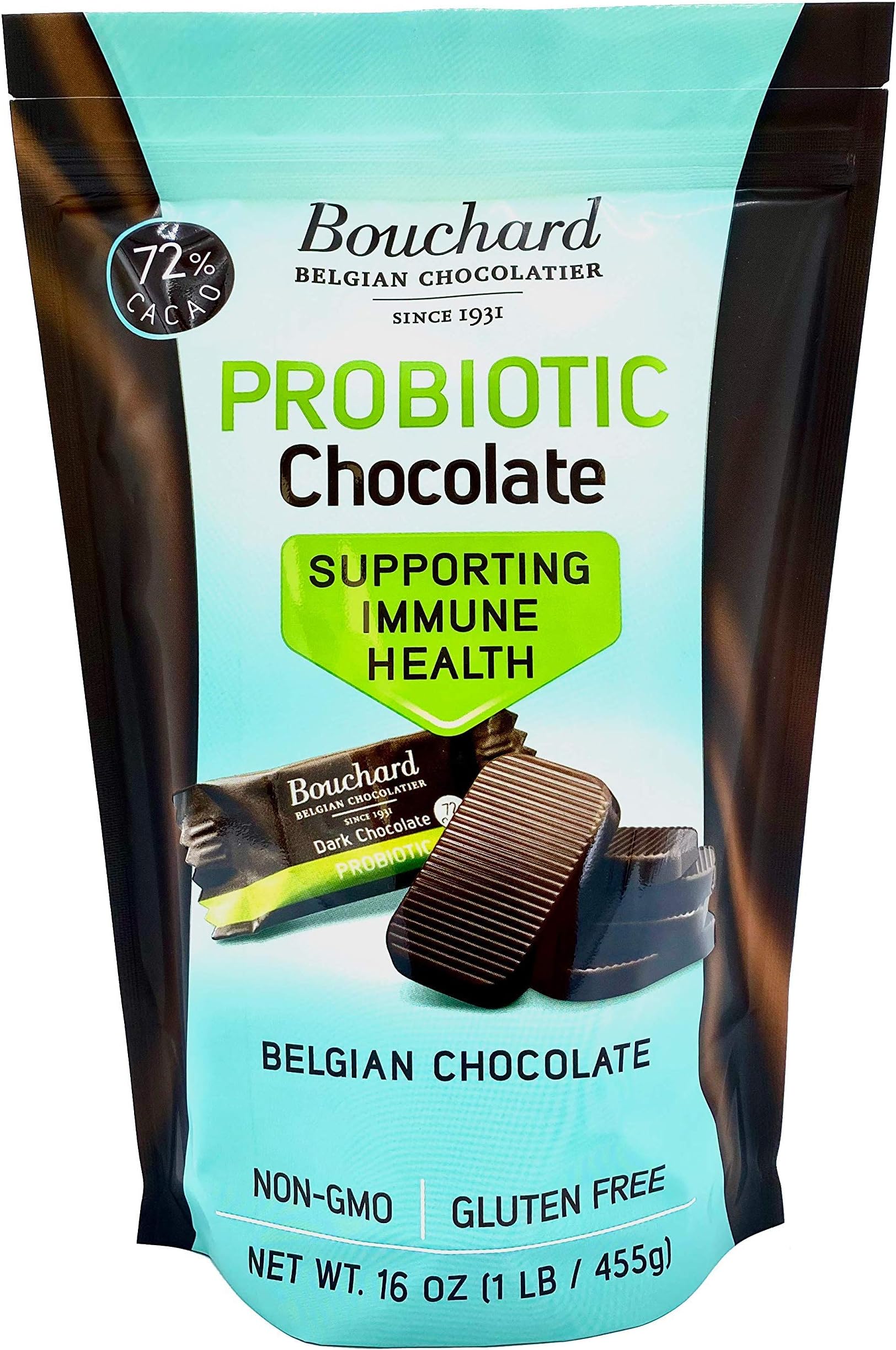 Bouchard Probiotic Dark Belgian Chocolate (72% Cacao) | Individually Wrapped in Resealable Bag | No Soy, No Vanilla, No Nonsense | Non-GMO, Gluten Free, OU-D Kosher