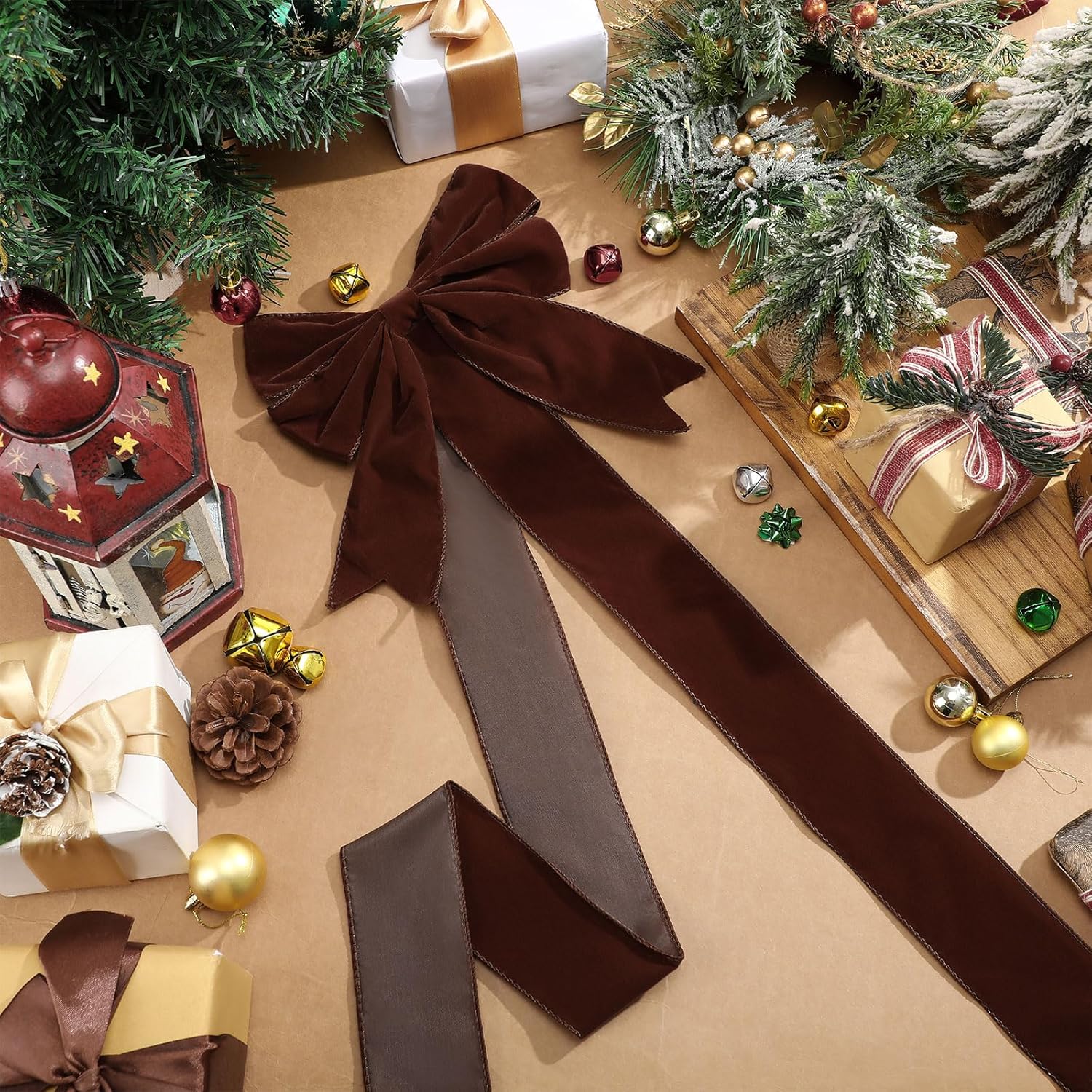 Hotop Set of 8 Christmas Cabinet Ribbon Bows with Pin Christmas Hanging Decoration Xmas Cabinet Door Bows for Kitchen Cabinets Xmas Festive Party Supplies(Velvet,Brown)