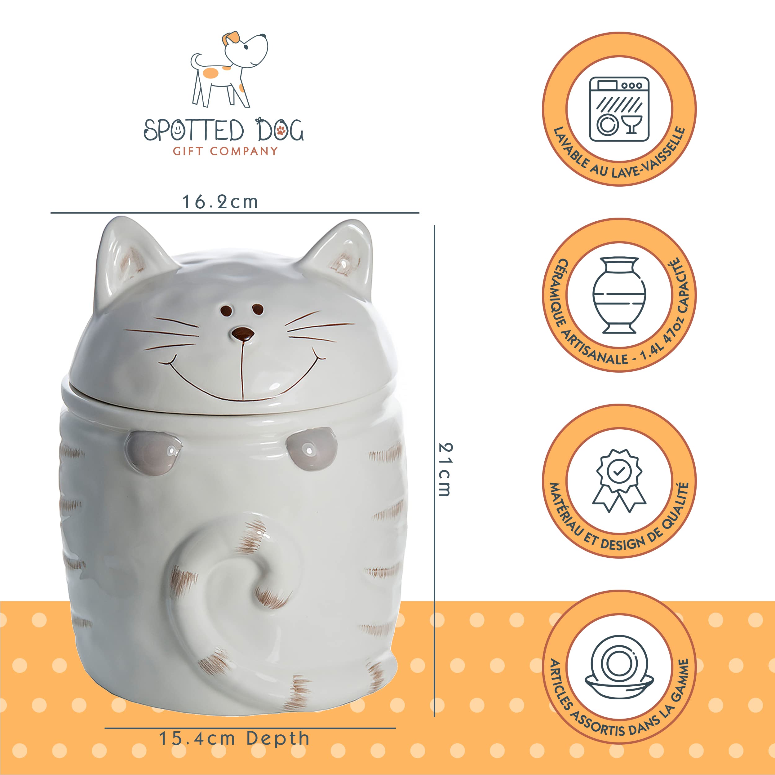 SPOTTED DOG GIFT COMPANY Boîte à Biscuit en Céramique, Grand Bocal de Conservation pour Cookies Bonbons ou Chat Friandises, Mignon Cuisine Article, Cadeau pour Chats Amoureux, Blanc 1400ml