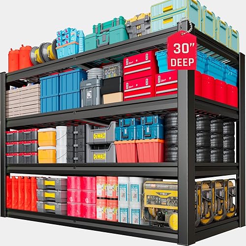 Miniatura 9 de Estantería de garaje resistente de 68 pulgadas de ancho, estantes de almacenamiento profundos de 4 niveles, estantes de garaje de metal negro