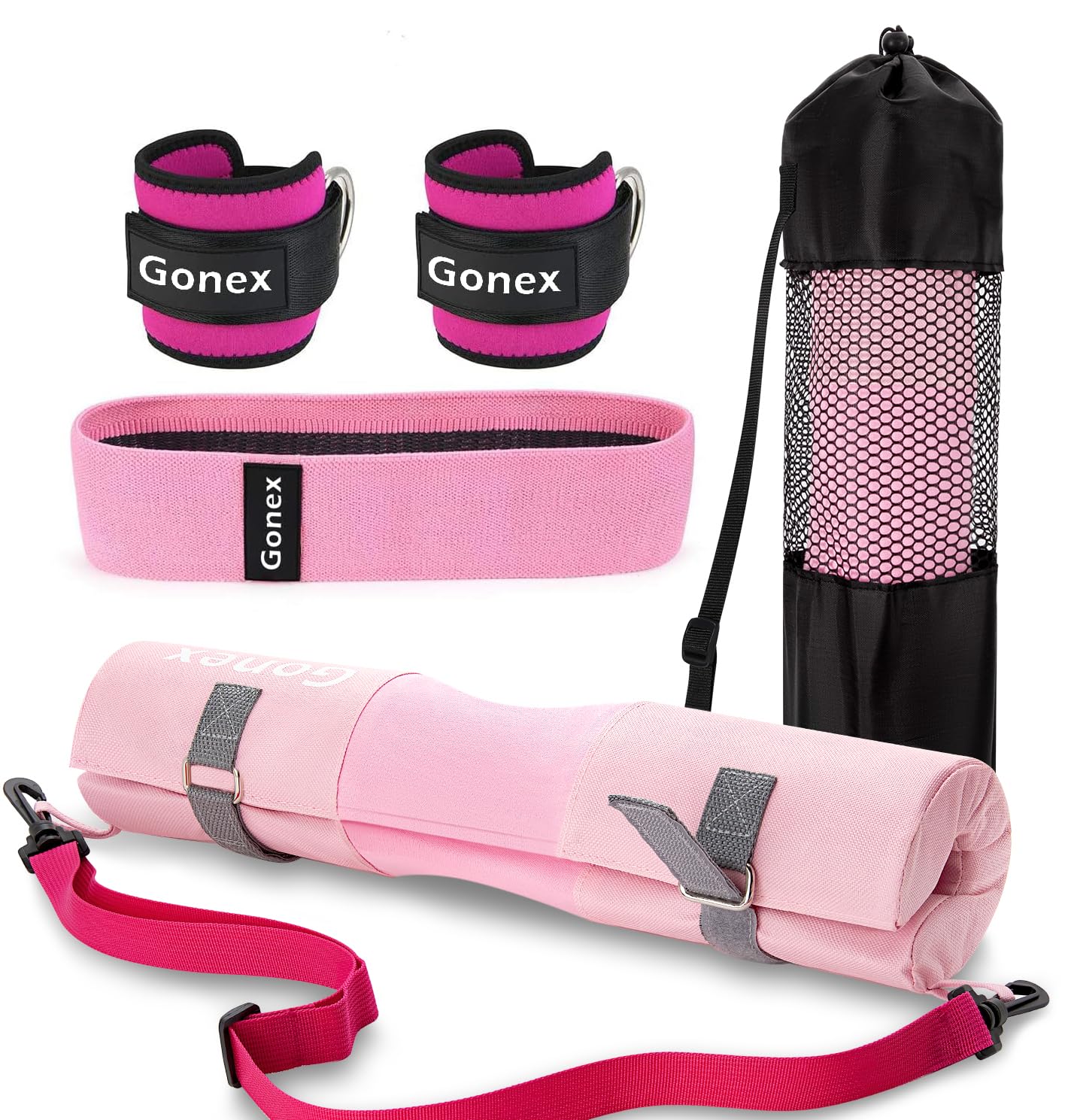 Gonex Mousse Barre Musculation Manchon à Squat pour Squats Lunges Hip Thrusts Haltérophilie, Barbell Squat Pad avec 2 Sangles de Cheville Bande de aux Hanches, Convient aux Barres Olympiques