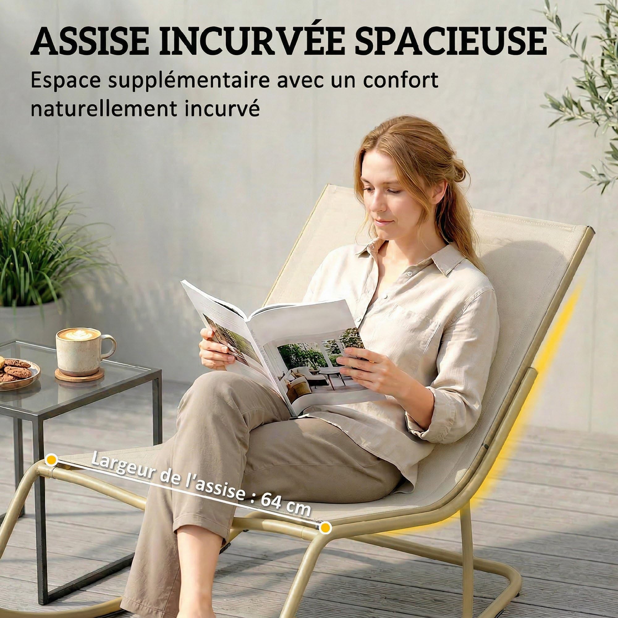 Outsunny Fauteuil à Bascule Extérieur avec Coussin Moelleux 125cm - Rocking Chair Large 64cm en Acier et Textilène - Chaise Bercante de Salon et Balcon, Beige et Doré
