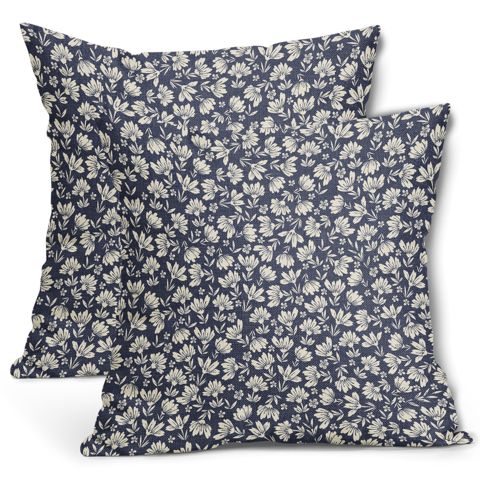 Navy Blue Beige Daisy Floral Pillow Covers 16X16 Inch Vintage Flowers Decorative Pillow Cases Set of 2 Block Print Cotton Linen Throw Pillows