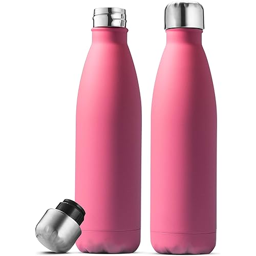 FineDine Triple Insulated Stainless Steel Water Bottle (set of 2) 17 Oz, Sleek Bottles, Keeps Hot & Cold, 100% LeakProof, Sweat Proof Bottles, For Travel, Picnic & Camping. (Striking French Rose)