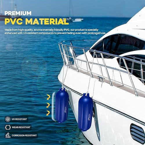 Miniatura 3 de Paquete de 4 defensas de barco de 8.5 x 27 pulgadas, acanaladas con ojos gemelos, parachoques para acoplamiento, viene con cuerdas y bomba para Azul