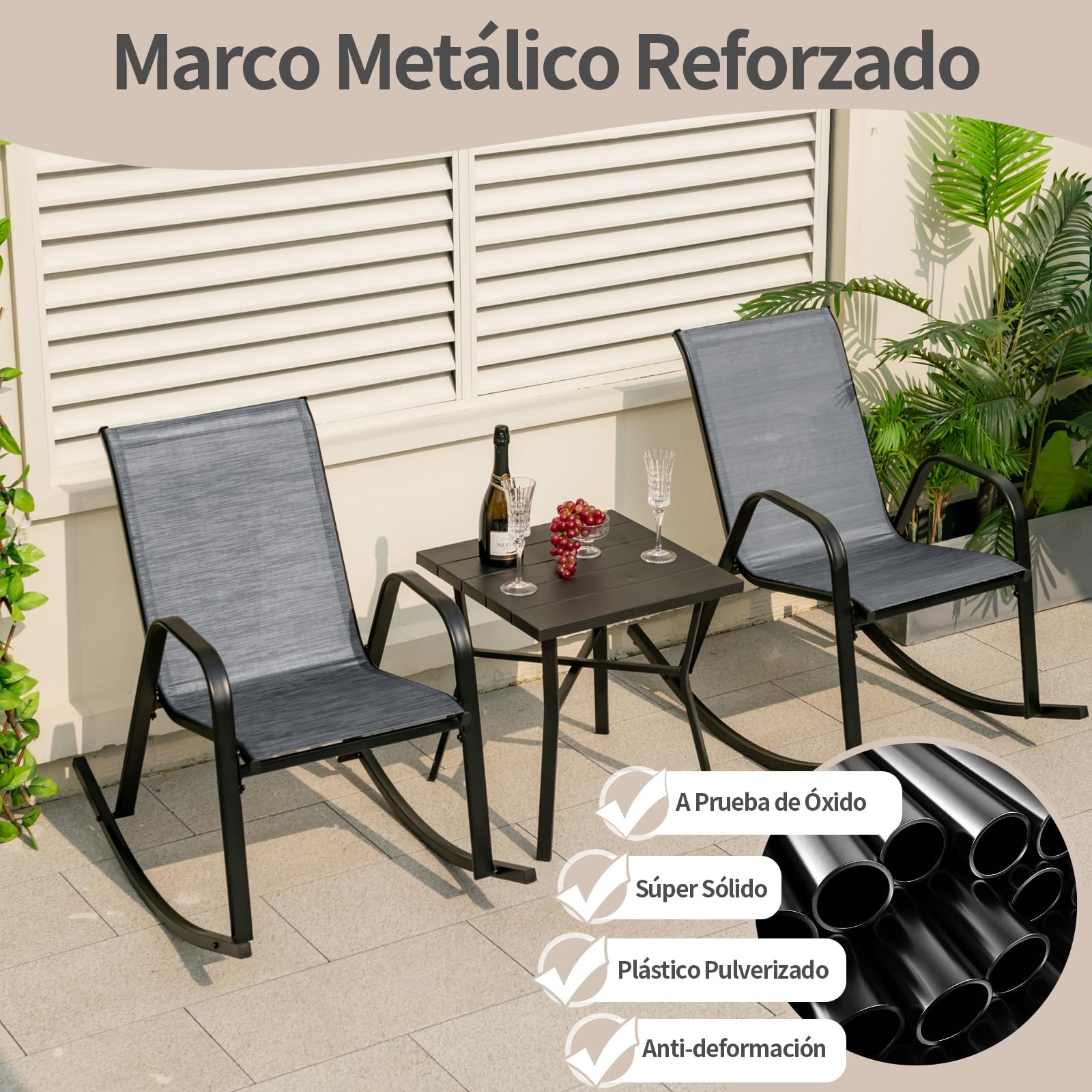 COSTWAY 2 Mecedoras para Jardin Exterior con Asiento Textilene, Balanceo Suave, 91 x 62 x 86 cm, Carga 150kg, para Terraza Patio (Gris)