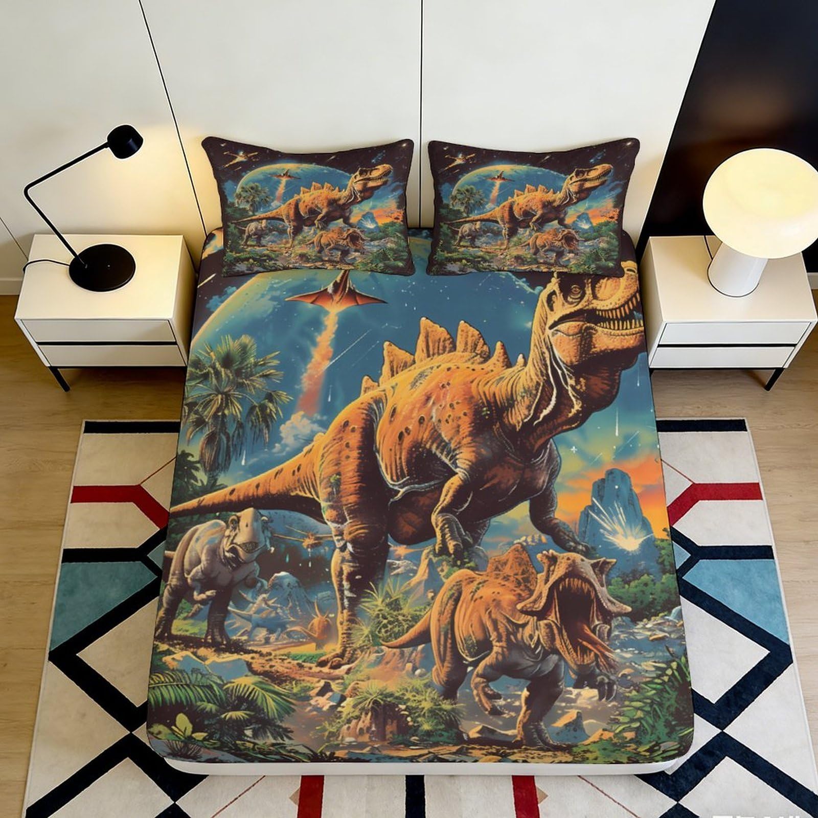 3D Printed Dinosaur Jungle Fitted Sheet Microfiber Non-slip Bed Cover, Machine Washable for Bedroom Guest Room 180x200x25cm