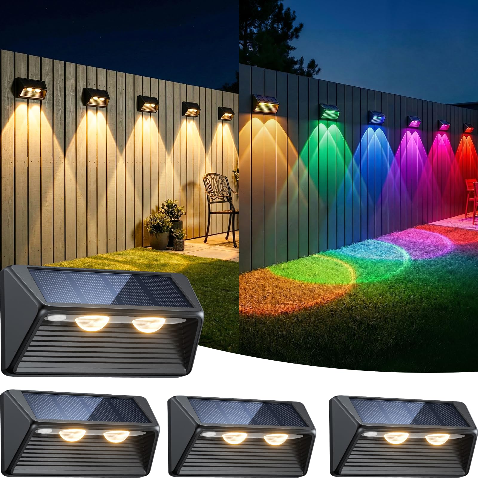 BUCASA Solar Fence Lights Outdoor Garden 4 Pack, 3000K & RGB Colour Wall Solar Lights Outdoor with 8 Lighting Modes, IP65 Waterproof Garden Fence Lights Solar Powered for Patio Porch Pool Decorations