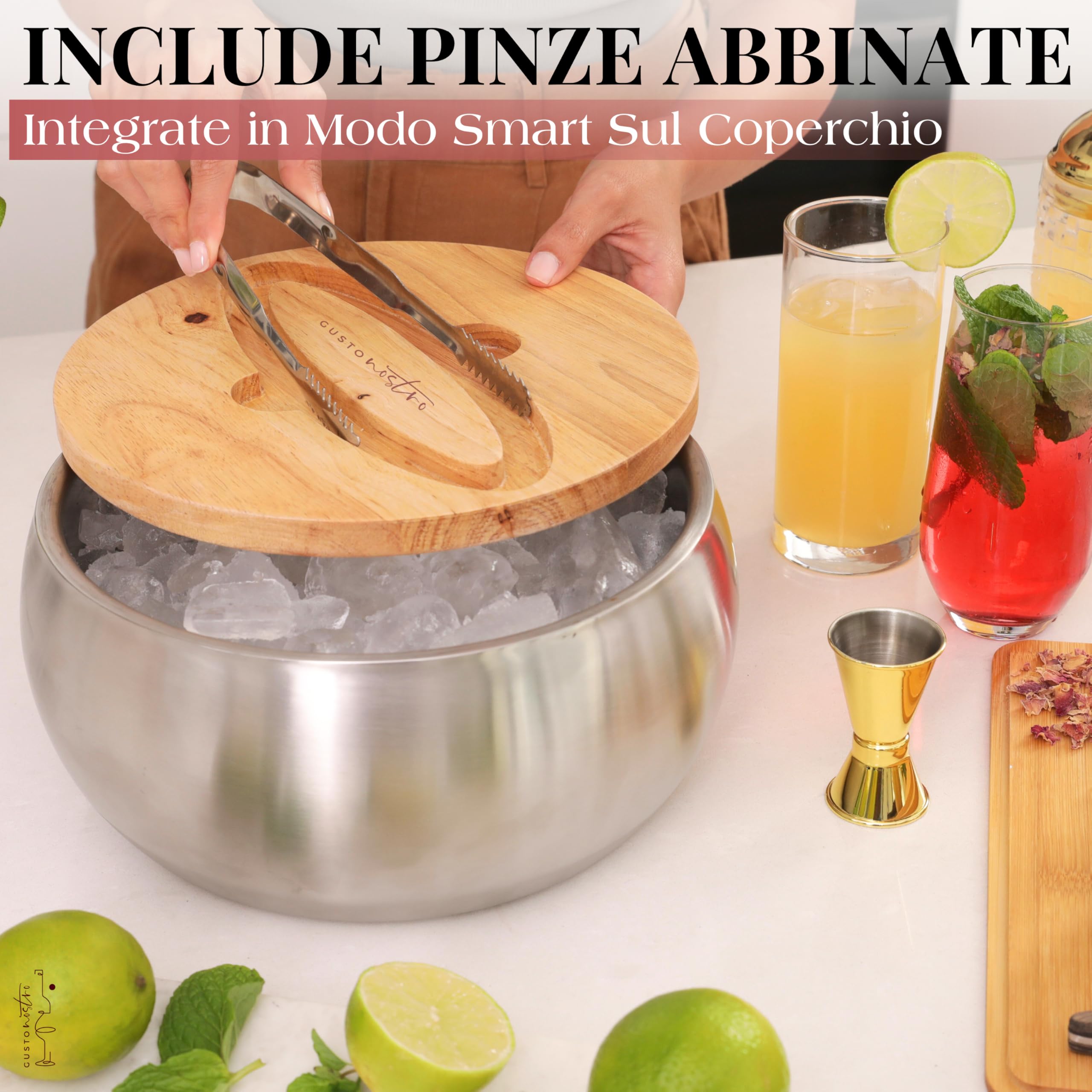 Gusto Nostro Secchiello Ghiaccio ad Isolamento Termico da 4,1L con Coperchio e Pinze, Porta Ghiaccio per Bottiglie a Doppia Parete in Acciaio Inox, Senza BPA, Extra Capienza per Champagne, Vino, Birra