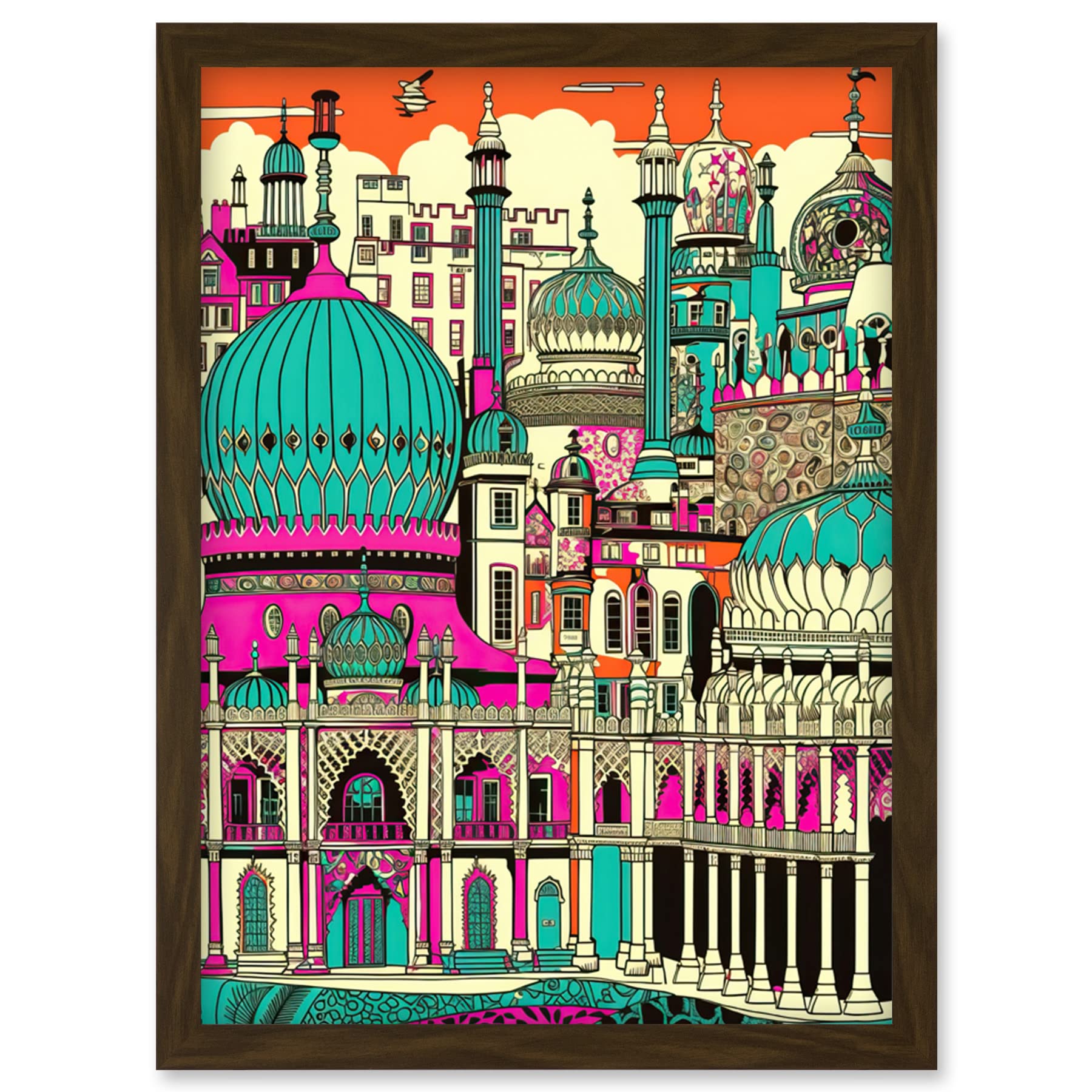 Artery8 Brighton Royal Pavilion Palace Vibrant Detailed Artwork Framed Wall Art Print A4