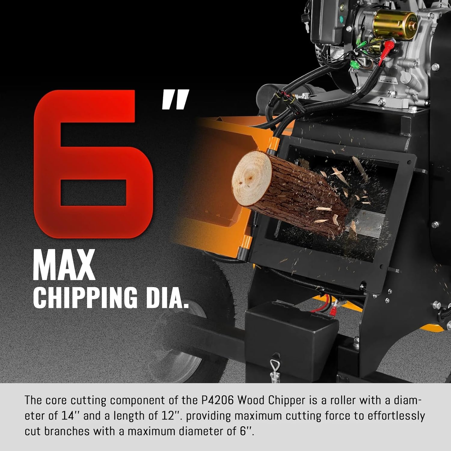 6 inch ZONSEN 459cc 15hp Electric Start Gas Powered Wood Chipper Shredder Mulcher with Towbar, 6" Max Chipping Diameter Capacity,with Emergency Stop Button&Stop Bar,Model P4206 Orange thumbnail