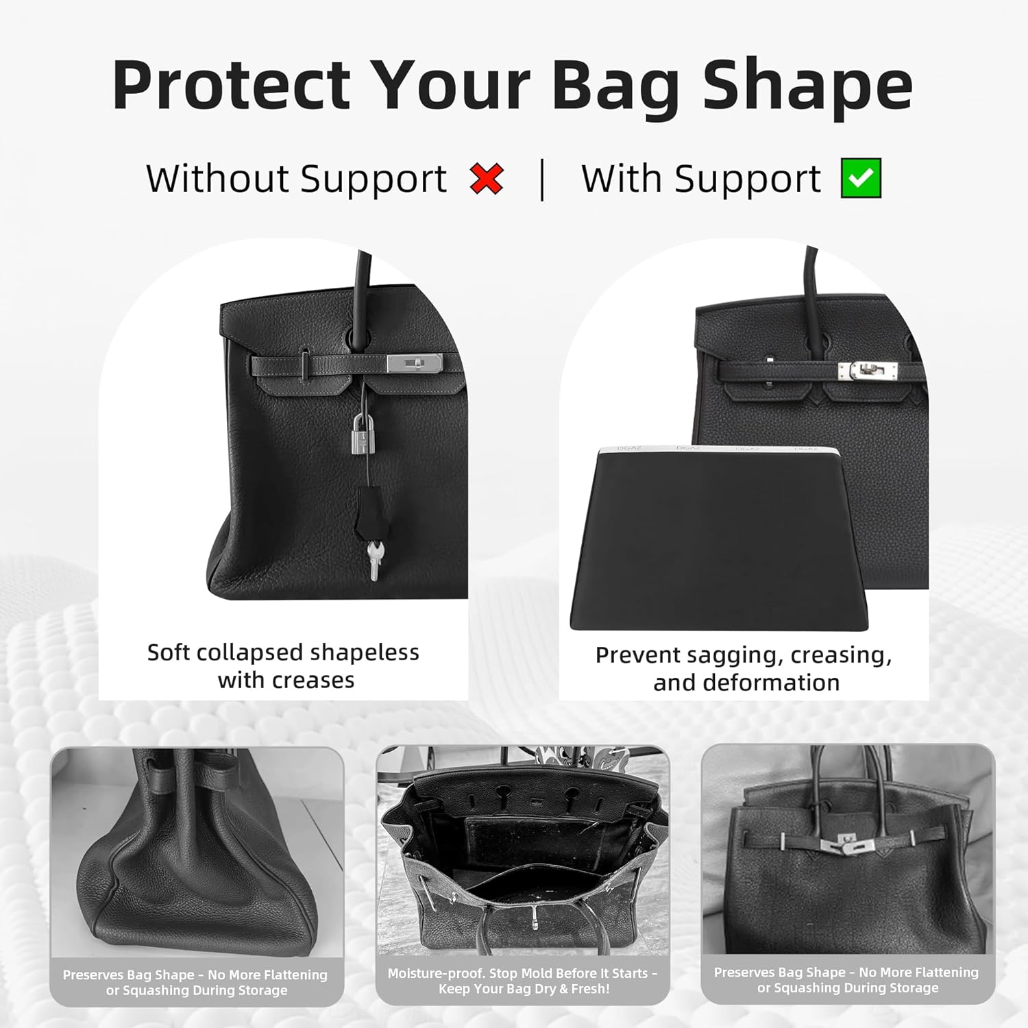 DGAZ Purse Pillow Shaper Insert,Luxury Handbag Tote Shapers, Memory Foam- Fits Birkin 25/30/35/40 Bag (Black, BK30 Retourne) - Image 3