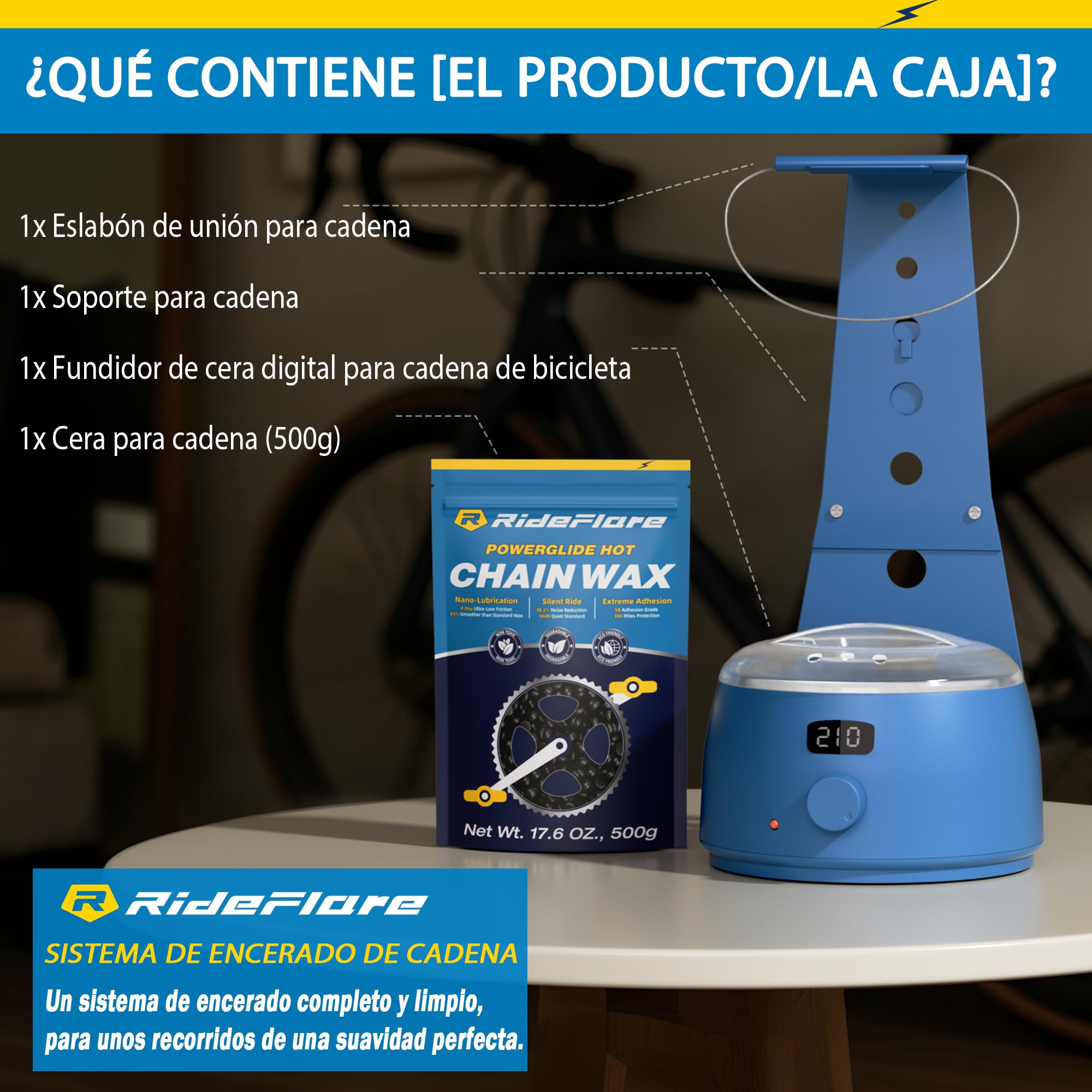 RideFlare Sistema Fusión Cera Cadena Bici – Sin Desorden, Control Temp. Preciso y Cera Ultra Bajo Rozamiento para Transmisión Silenciosa y Limpia.