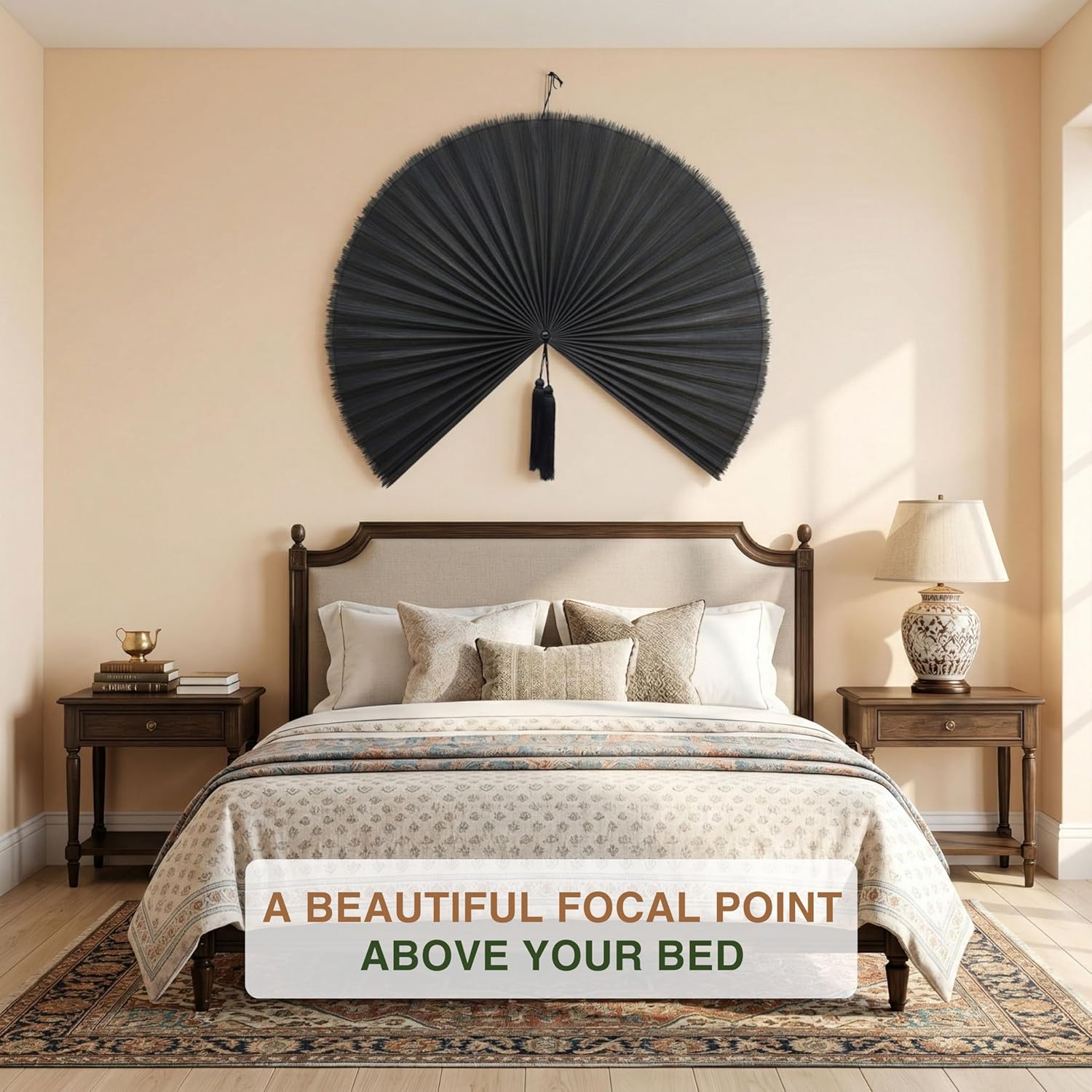 Bamboo Wall Fan - Handwoven Bamboo Wall Decor, Japanese Wall Hanging Fan for Bedroom, Fireplace, Natural Asian Wall Art for Boho & Farmhouse with Hook Strap Included (Black, Medium)