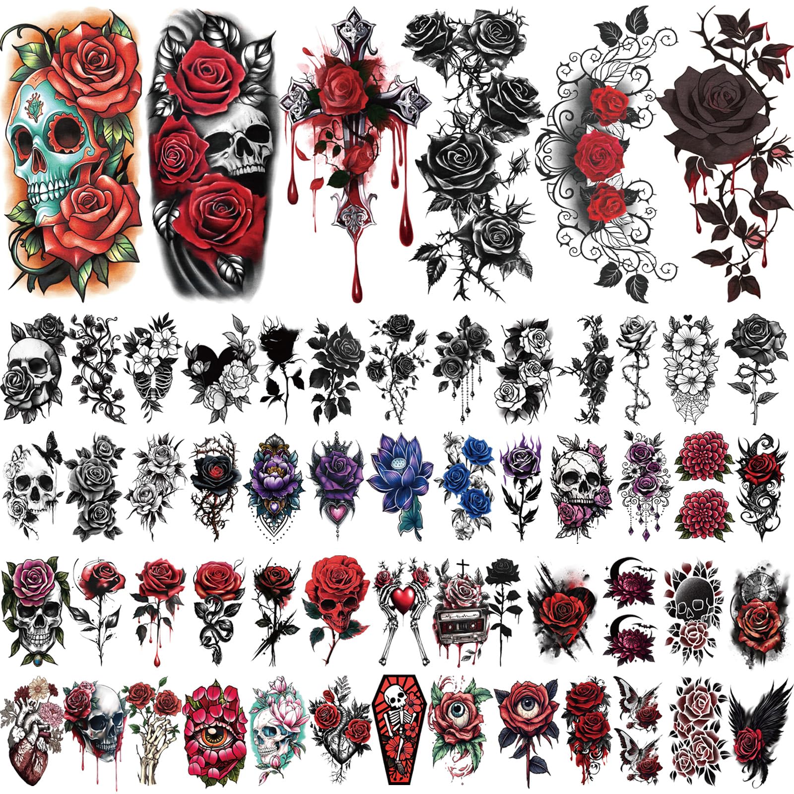 77 Sheets Skull Flower Realistic Temporary Tattoos for Women Men Adult Large Rose Bones & Flowers Floral Fake Tattoos Girl - Image 2