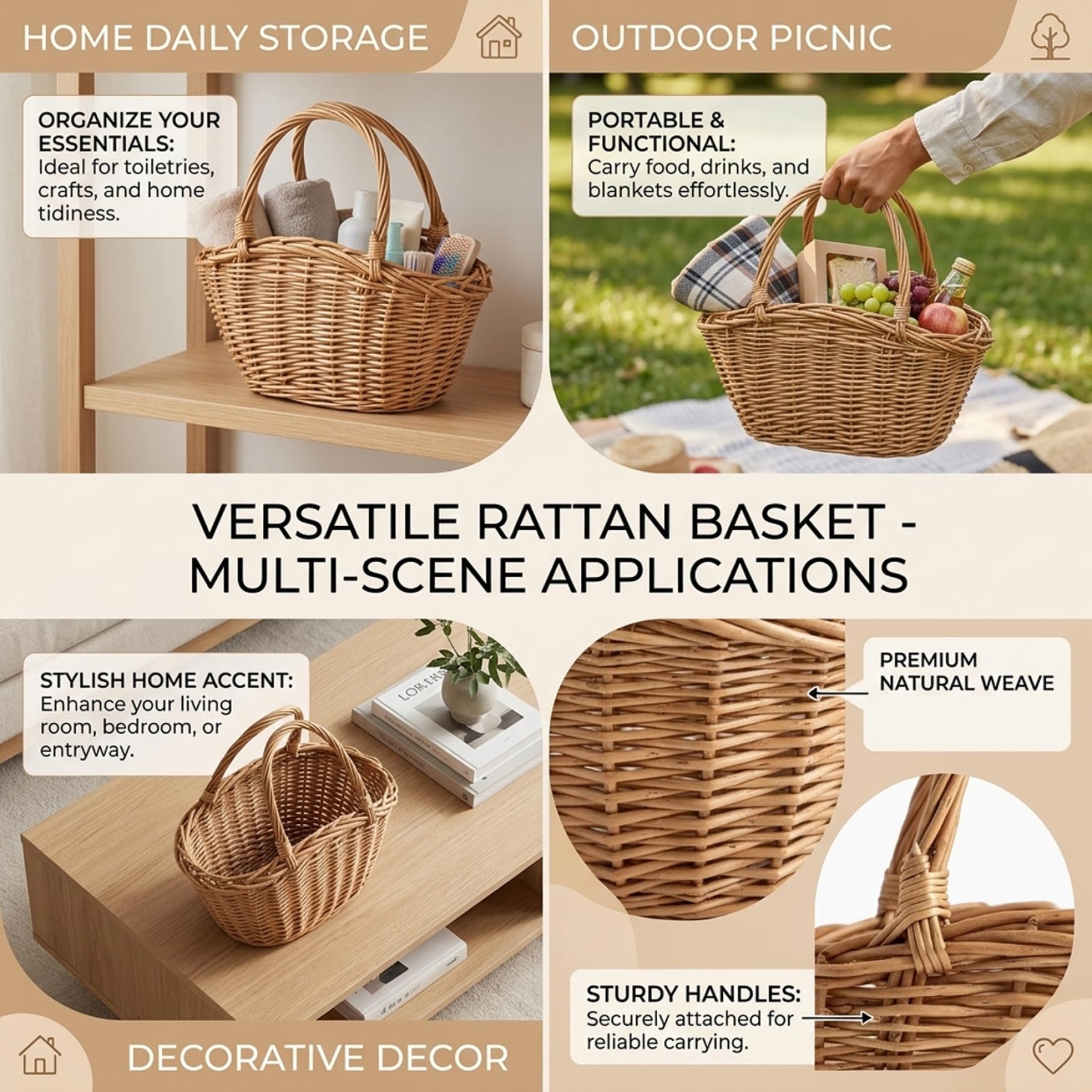 Cesta de Mimbre Tejida a Mano, Cesta de Cosecha Natural con asa para recolectar Almacenamiento de Picnic, decoración del hogar.