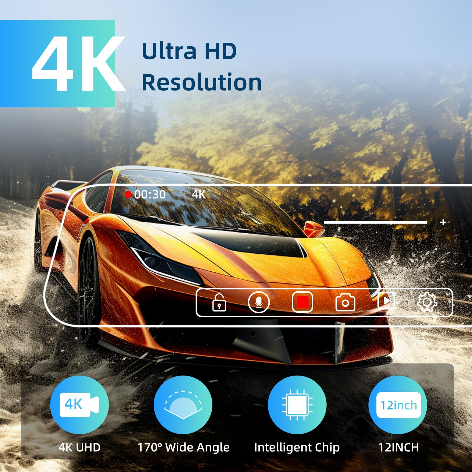 Caméra de Voiture 4K avec miroir et écran tactile de 12 pouces - retroviseur camera de recul avec sans fil Carplay & Android Auto - Enregistrement en boucle G-Sensor WiFi Mirror Link FM + carte TF 64G