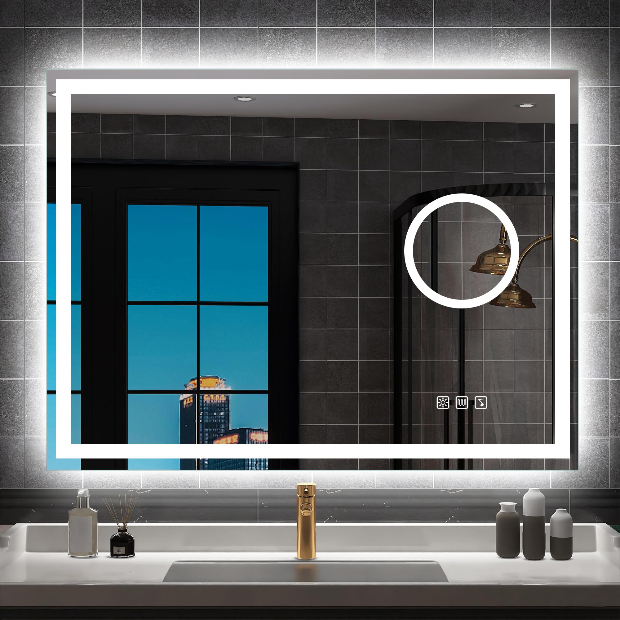 S'bagno Bluetooth Espejo Baño con Luz 80x60cm, IP44 Espejo Baño LED con Lupa 5X y Antivaho, 3000K-6500K, Regulable, Memoria, Cristal Templado HD, Espejo de Baño con Luz Led Horizontal/Vertical