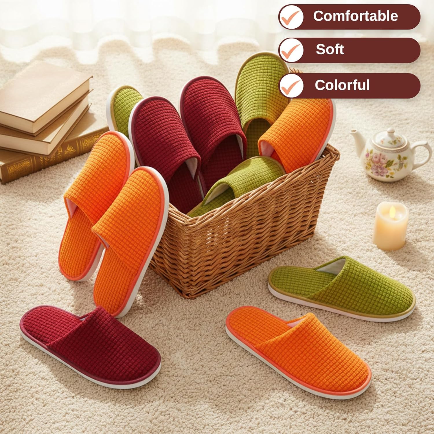 Geyoga 12 Pair House Slipper for Guest Non Slip Disposable Slipper for Travel Washable Reusable Closed Toe Hotel Bridesmaid Indoor Spa Wedding Party Shoeless Home