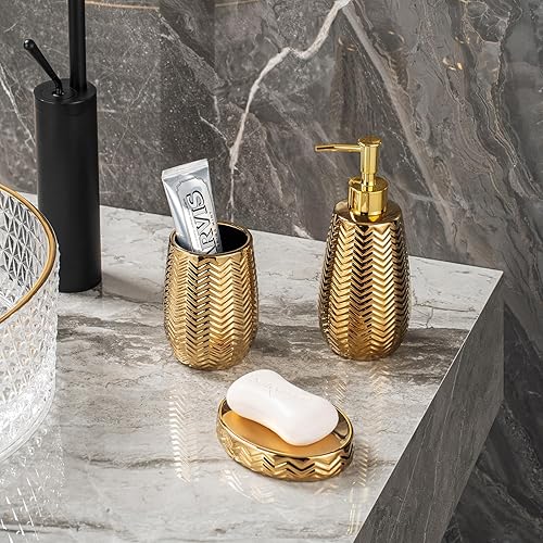 Miniatura 3 de Accesorios de baño dorados 3 piezas de accesorios de baño elegantes, dispensador de jabón dorado, bomba dispensadora de jabón, vaso y jabonera,