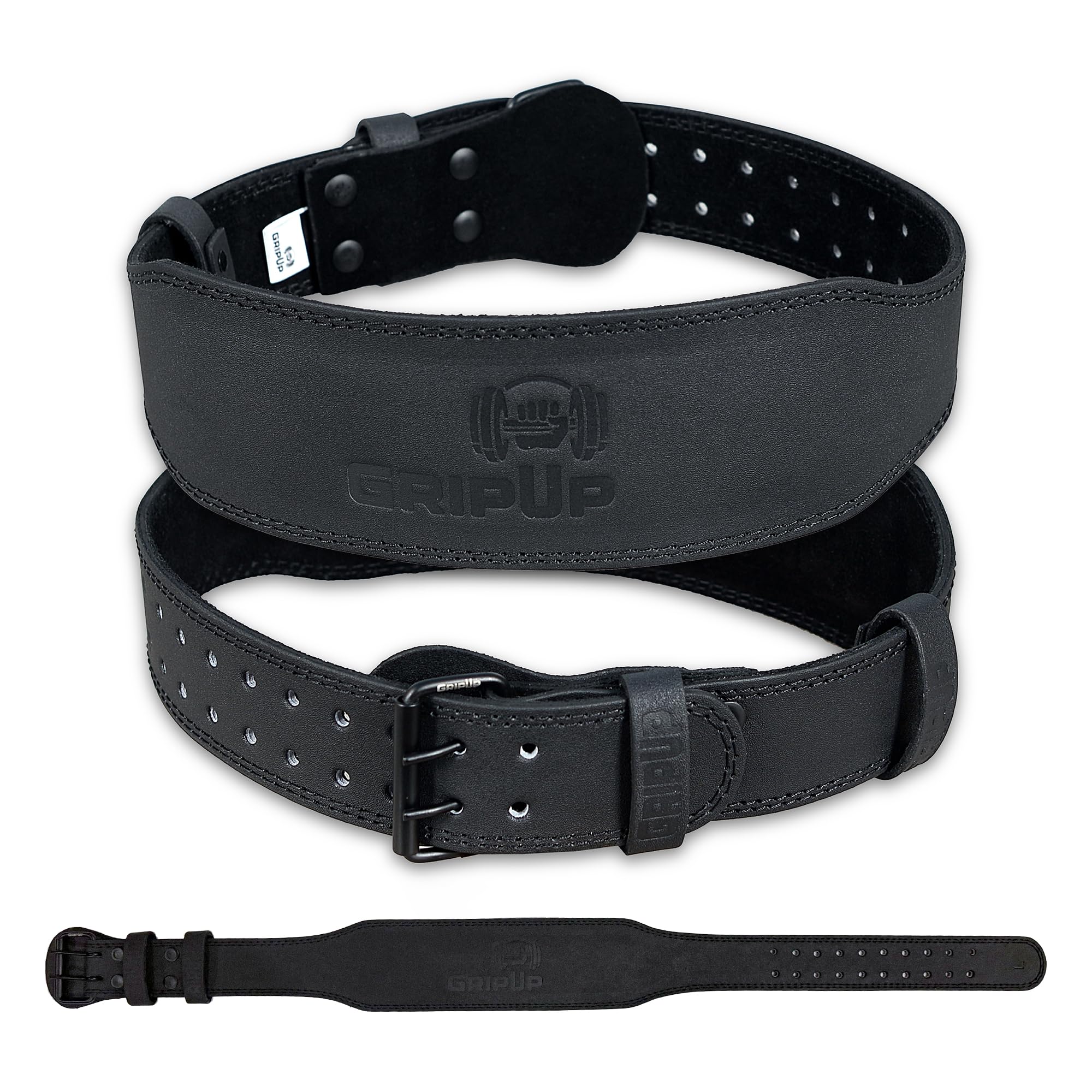 GripUp Weight Lifting Belt 4” 6” Leather Gym Belt Padded Lumbar Back Support for Powerlifting Deadlifts Squats Bodybuilding & Strength Training Fitness Adjustable Holes Men Women (Black 4Inch, S)