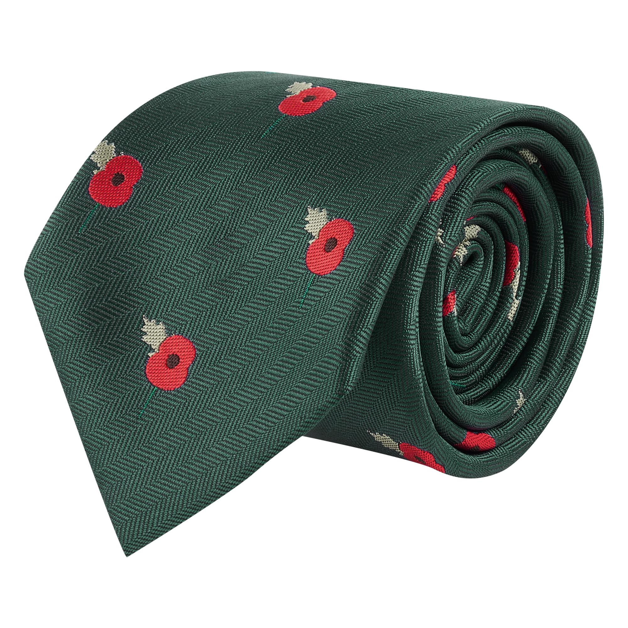King & Priory Poppy Dark Green Herringbone Embroidered Tie