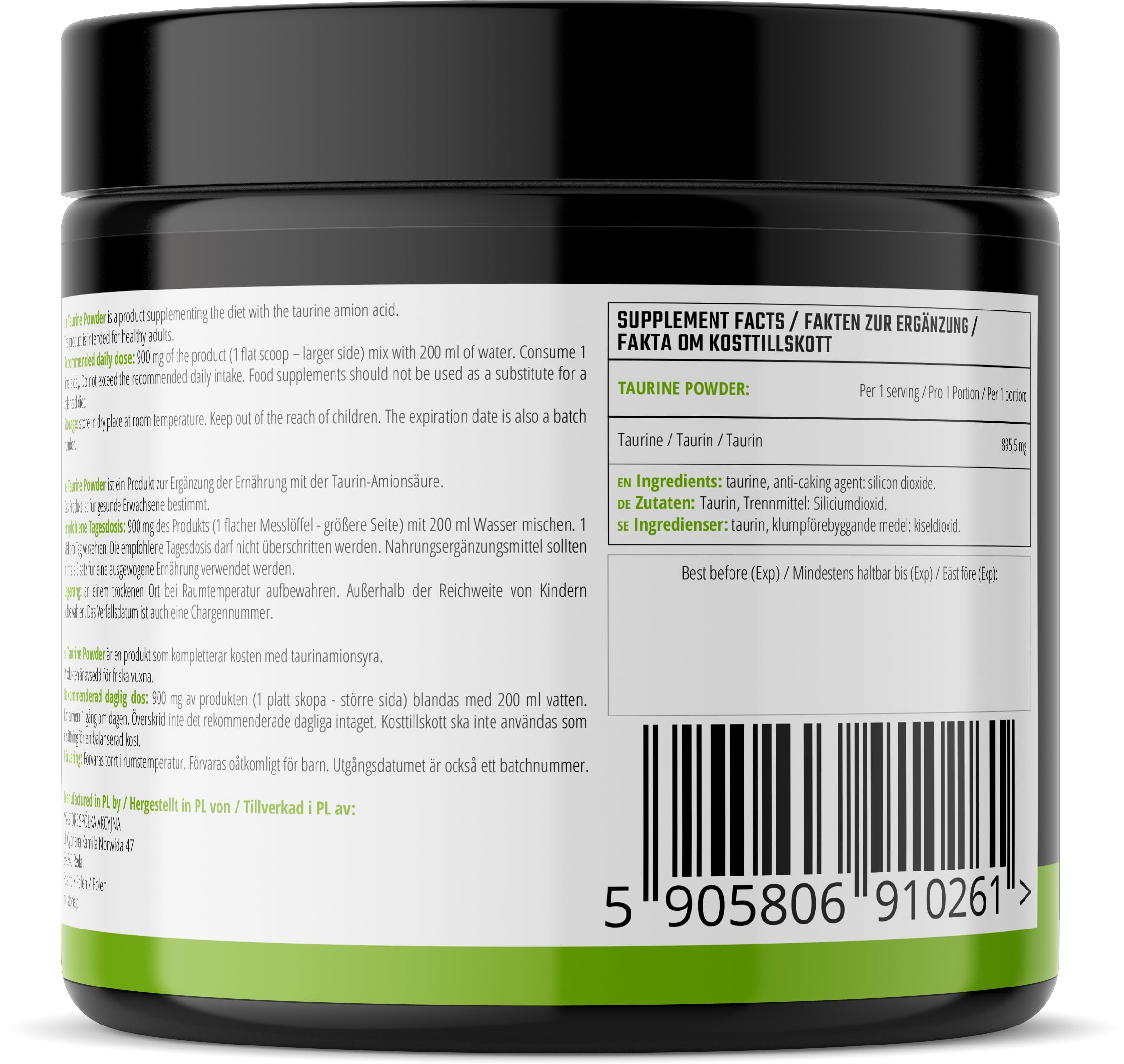 Taurina in polvere 250 g - Aminoacido Taurina 900 mg per porzione - 277 dosi per confezione - Integratore alimentare - da MZ