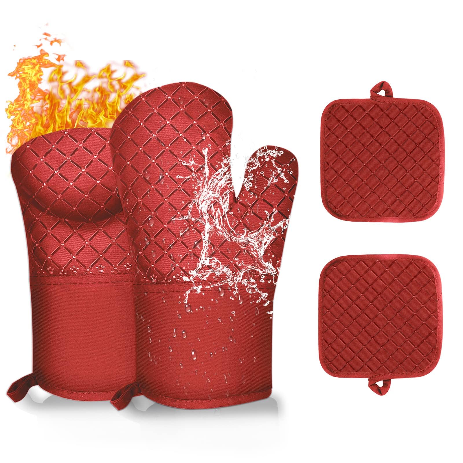 Azonee Oven Mitts and Pot Holders Sets, , 500°F Pot Holders for Kitchen Heat Resistant, BBQ Gloves, Anti-Slip Silicone Cooking Gloves Hot Pads Potholders for Kitchen Cooking Gloves (Red)