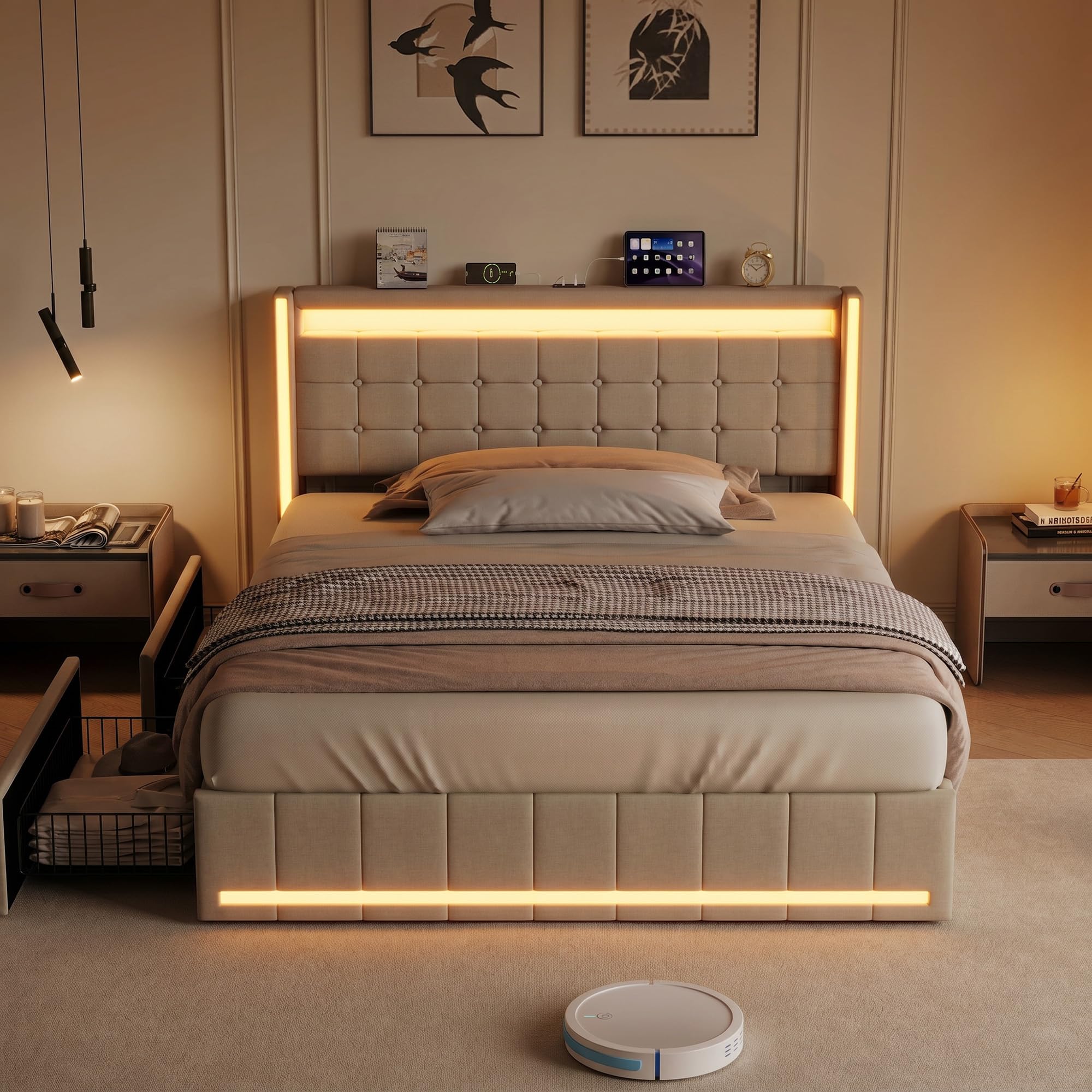 HYNHXBP King Size Bed Frame 150 x 200 with Storage Drawers, LED Bed Frame with RGB Lights, USB Charging Station, Upholstered Headboard, Wooden Slats, Storage Bed for Bedroom, Beige Linen Fabric