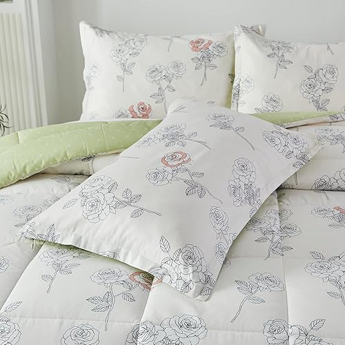 Miniatura 8 de Lemfux Juego de edredón de 3 piezas, 100 % algodón, estampado floral, elegante, blanco, verde, reversible, con plumón alternativo, edredón ligero