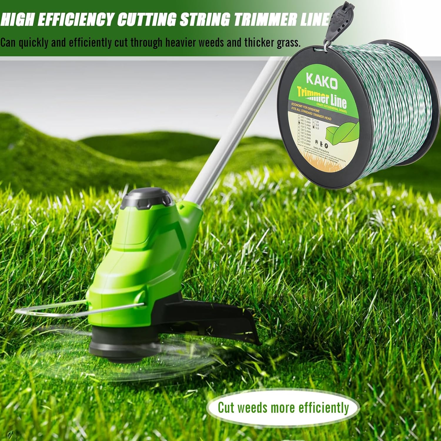 KAKO 095 Trimmer Line Heavy Duty, Weed Wacker String .095 Twisted, String Trimmer Line .095 inch-1680ft-5lb Dual Core String Spiral Trimmer Line .095 for Most String Trimmers