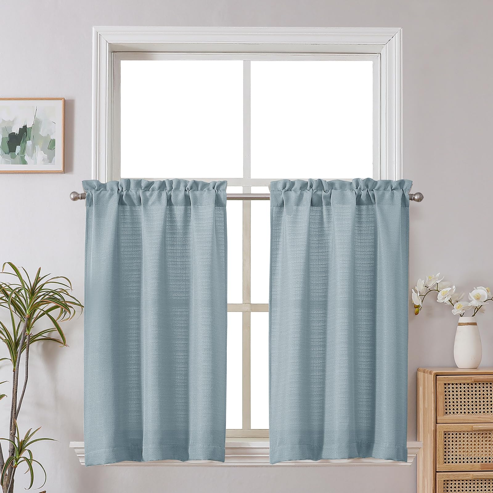 Chyhomenyc Bennet Kitchen Curtains 36 Inch Length, Faux Linen Textured Small Cafe Curtains, Light Filtering Short Window Curtain for Bathroom Basement, 30x36 inch, 2 PCS,Aqua with Greenish Tone โ image 1