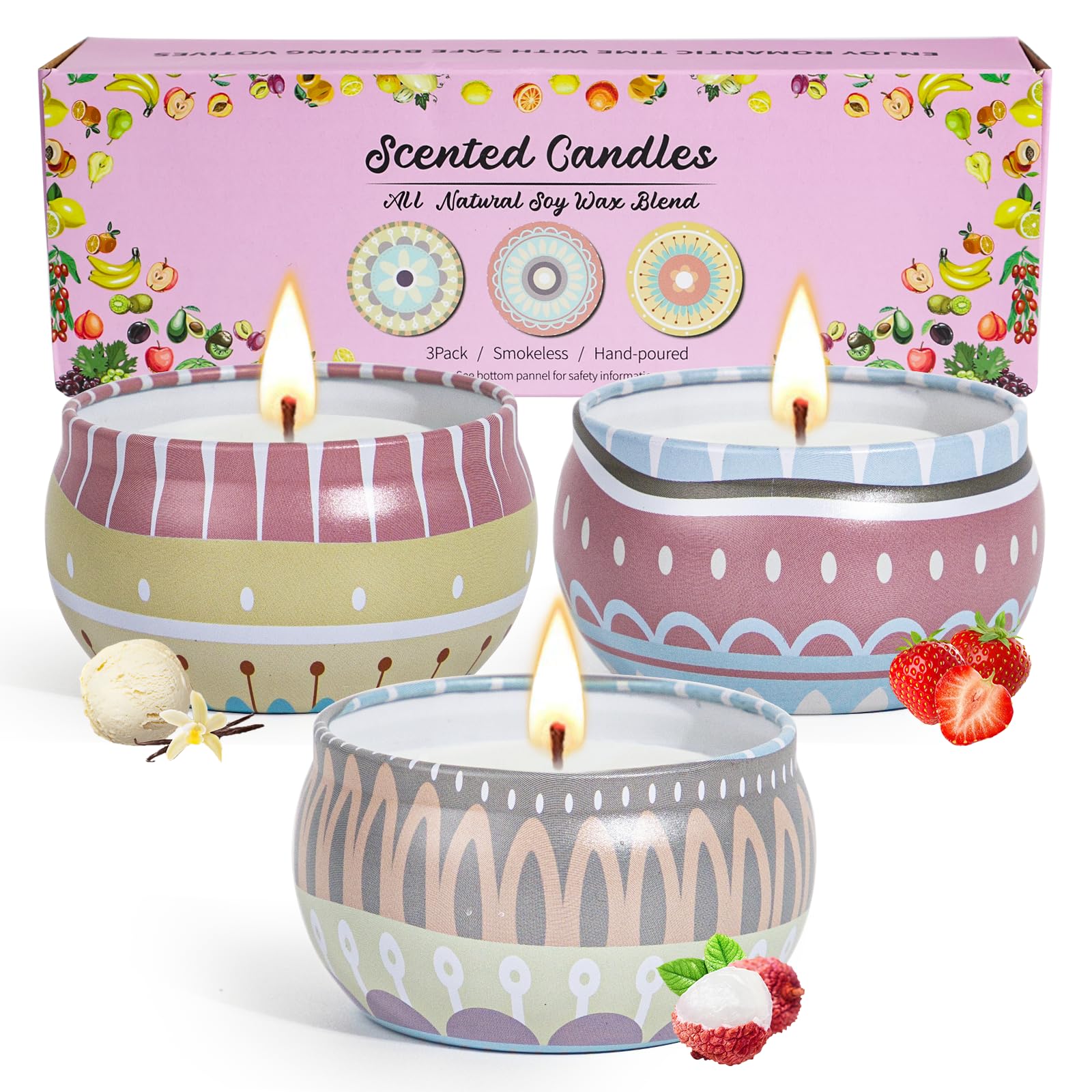 Candele Profumate, Confezione da 3 Regalo Set per Donne Candele di Soia per la Casa Profumata Regalo per Lei Compleanno Anniversario Festa Della Mamma Aromaterapia Yoga Bagno Confezione Regalo