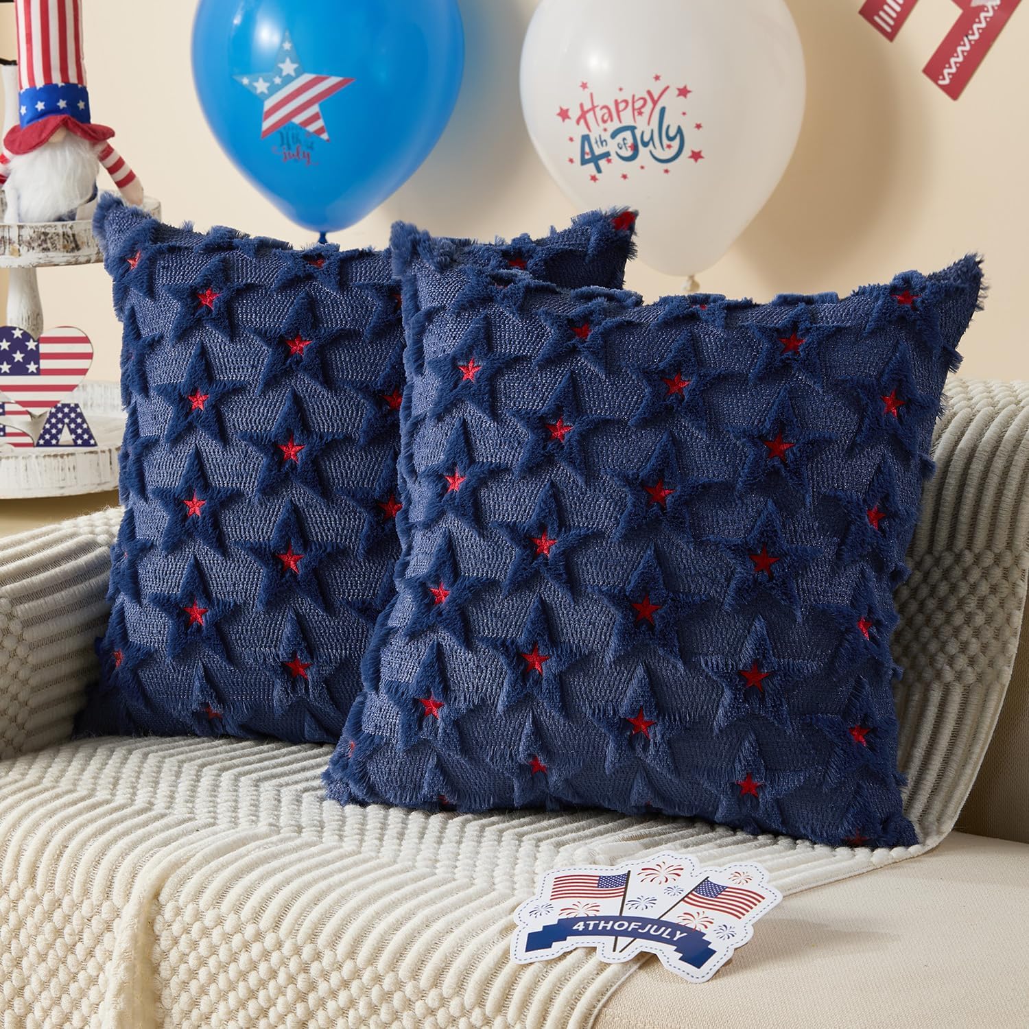 DFXSZ 4th of July Pillow Covers 20x20 inch Set of 2 4th of July Decor Blue Embroidery Star Decoration Soft Plush Faux Fur Jacquard Throw Pillows Independence Day Decorations for Home Sofa PTK027C20