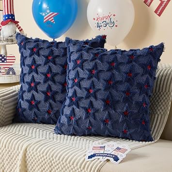 DFXSZ 4th of July Pillow Covers 18 18 inch Set of 2 4th of July Decor Red Embroidery Star Decoration Soft Plush Faux Fur Jacquard Throw Pillows Independence Day Decorations for Home Sofa PTK027A1...