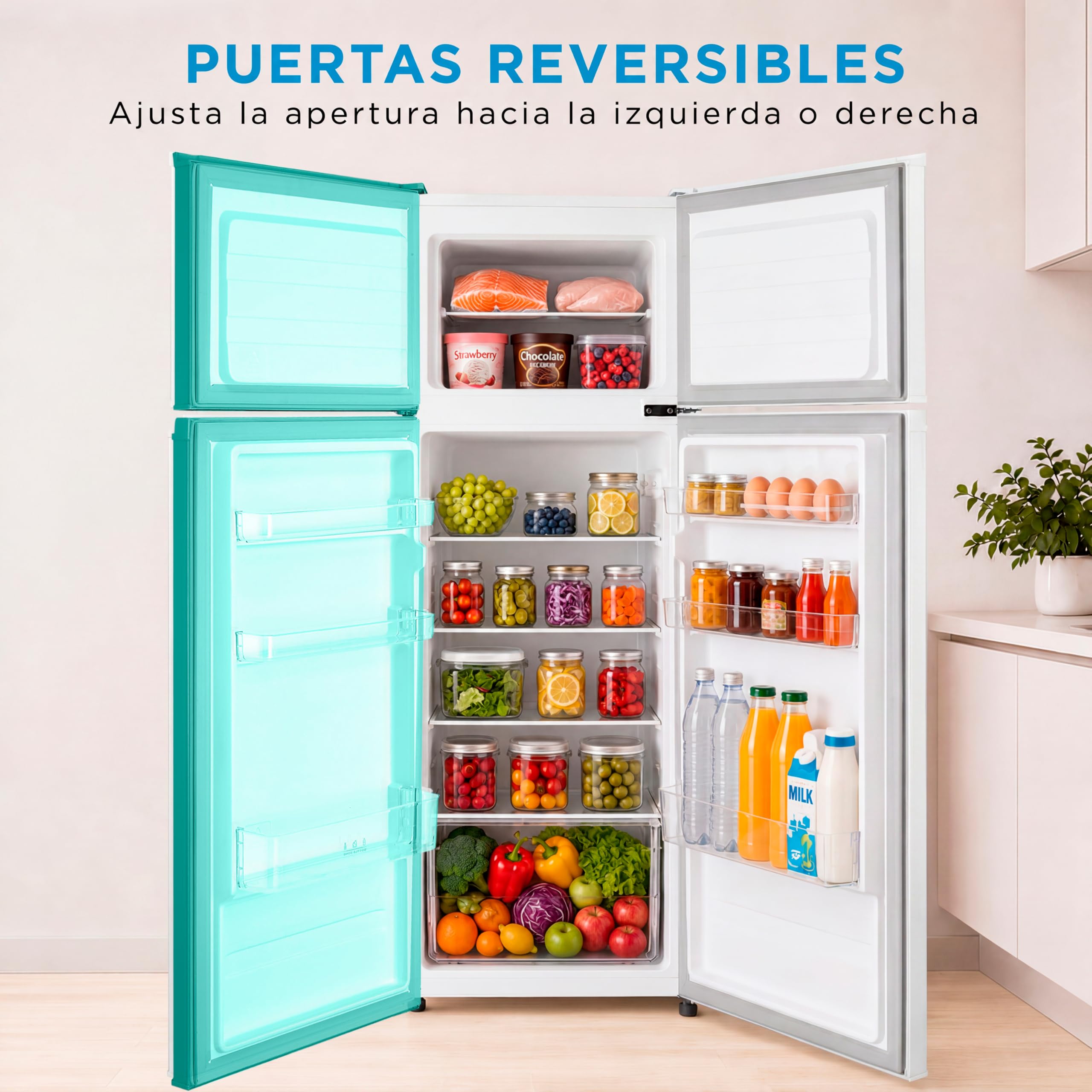 Midea Frigorífico 2 puertas 140 cm alto x 55 cm ancho, Blanco, Capacidad 204 L, Nevera Pequeña con Congelador Low Frost de Bajo Consumo, Puerta Reversible, Luz LED, Silencioso 40dB, Cajón de Frutas