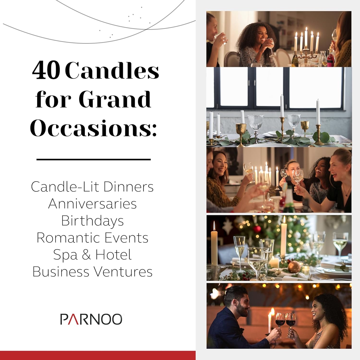 PARNOO 8" White Tapered Candles, 40 Pcs – 7-Hour Long Burn Time, Dripless & No Soot, Unscented Taper - Hand-Dipped Tall Candles for Weddings, Dinners, Parties, & Special Occasions