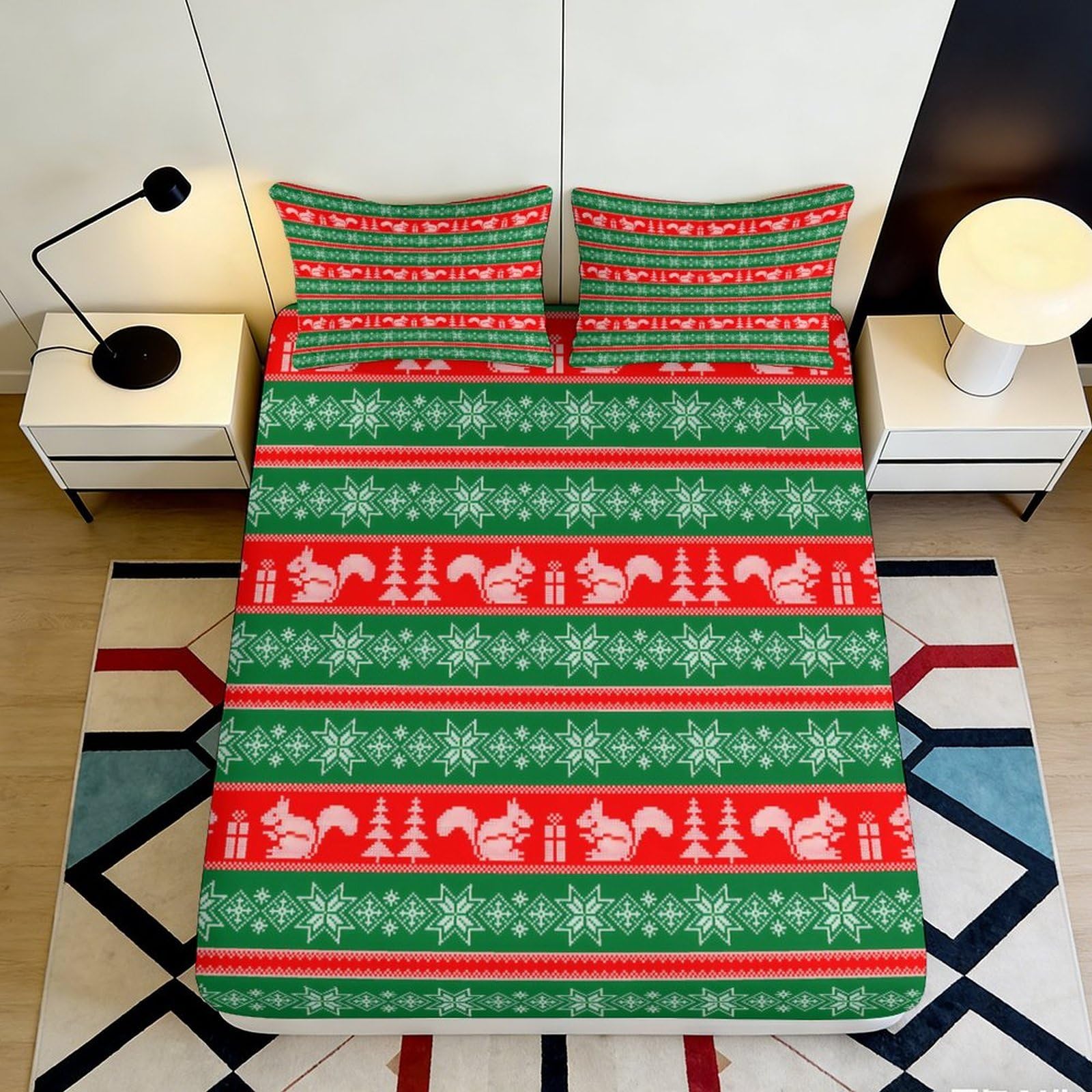 3D Printed Christmas Reindeer Fitted Sheet Microfiber Soft Breathable Snowflake Bed Cover for Bedroom Dorm Decor 90x200x25cm