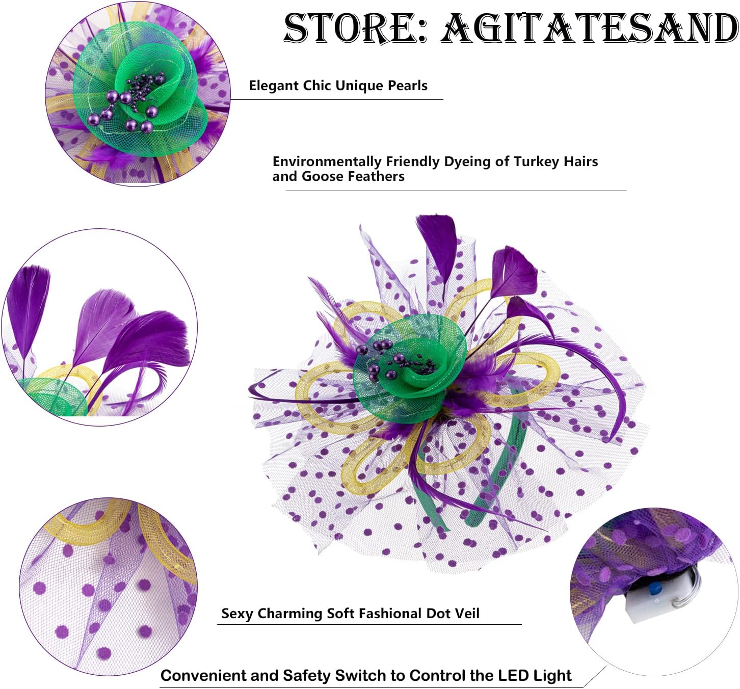 LED Light up Fascinator Hats Kentucky Fascinator Derby Flower Headband Feather Mesh Wedding Hair Clip for Women - Image 2