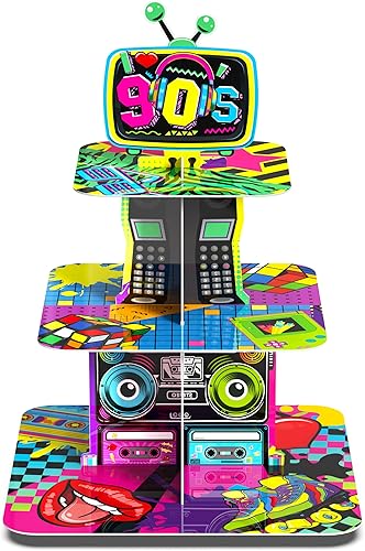 Soporte para cupcakes de 3 niveles con temática de los años 90, decoraciones de fiesta de cumpleaños de los años 90, torre de cupcakes, suministros