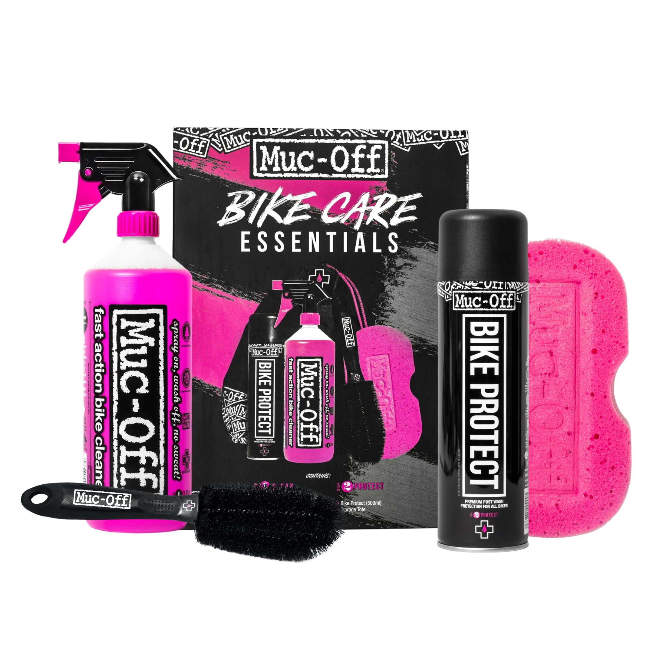 Muc-Off Bike Care Essentials Kit - Cleaning Bundle with Nano Tech Bike Cleaner, Bike Protect, Sponge, Brush & Storage Tote - Clean and Protect for All Bikes