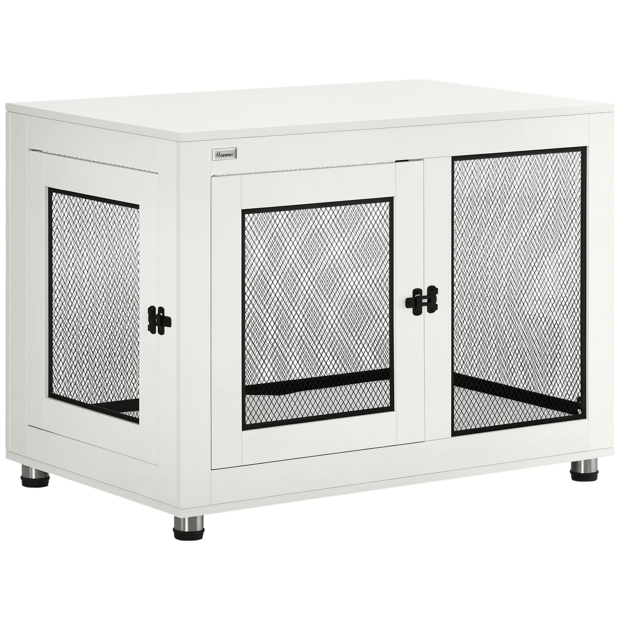 PawHut Cage for Large Dogs Furniture Style Dog House 94 x 60 x 71.5 cm Side Table with 2 Latch Doors Oxford Fabric Cushion and White Steel Grates