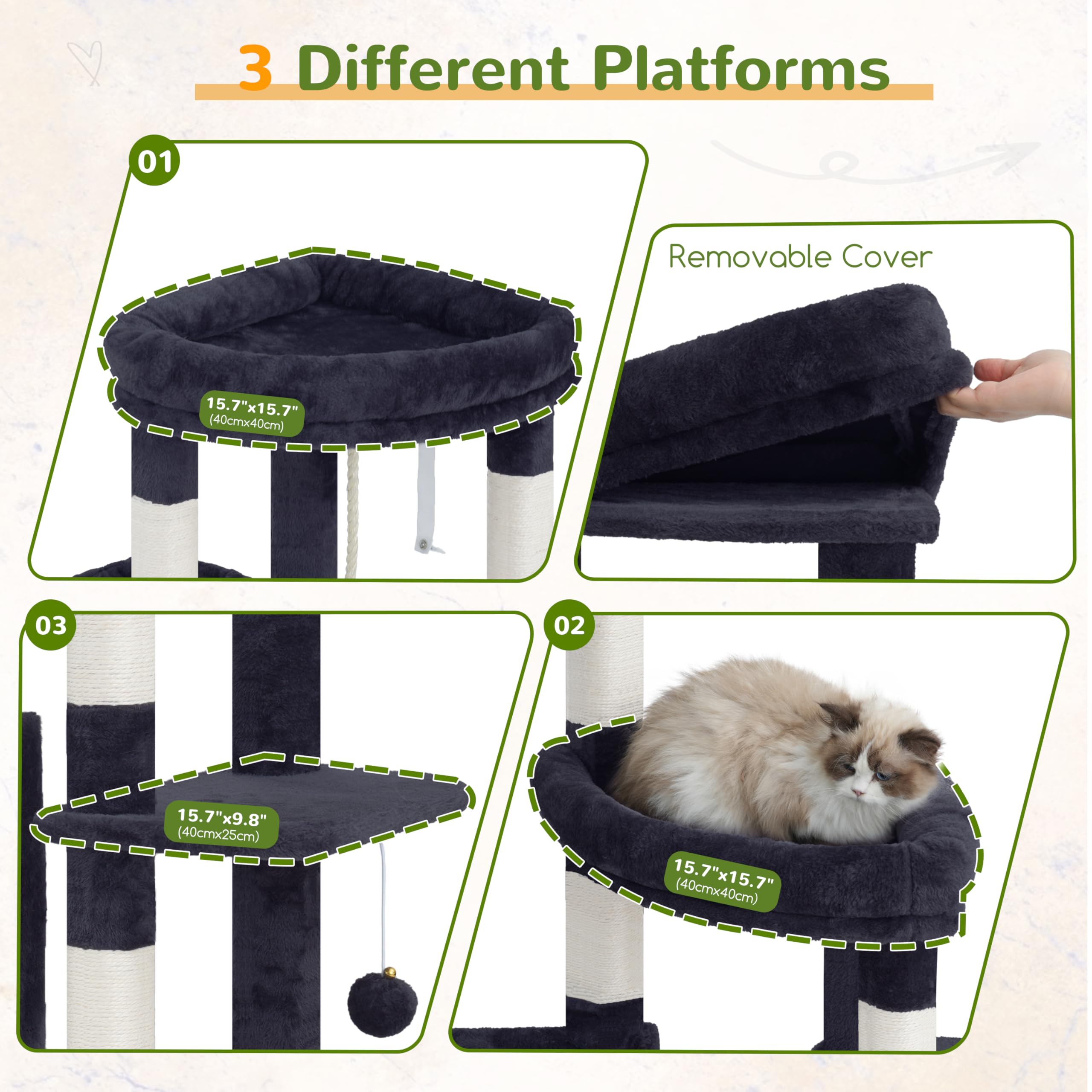 Gitelsnour Rascador para Gatos de 182 cm, Árbol rascador para Varios Gatos antivuelco y Estable con 3 Cuevas Grandes, con 3 Plataformas, Cesta Colgante y 10 Postes rascadores, Gris Ahumado GCT036G