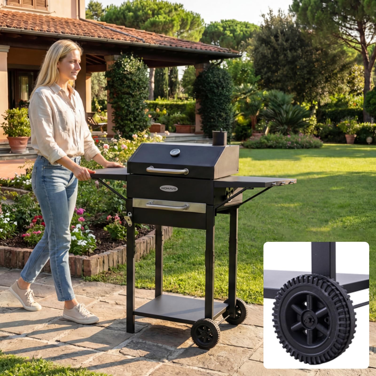Barbecue a Carbonella, Barbecue con Coperchio, Superficie Cottura: 45×32 cm, Vassoio Carbone Regolabile in Altezza, Tavolino Laterale