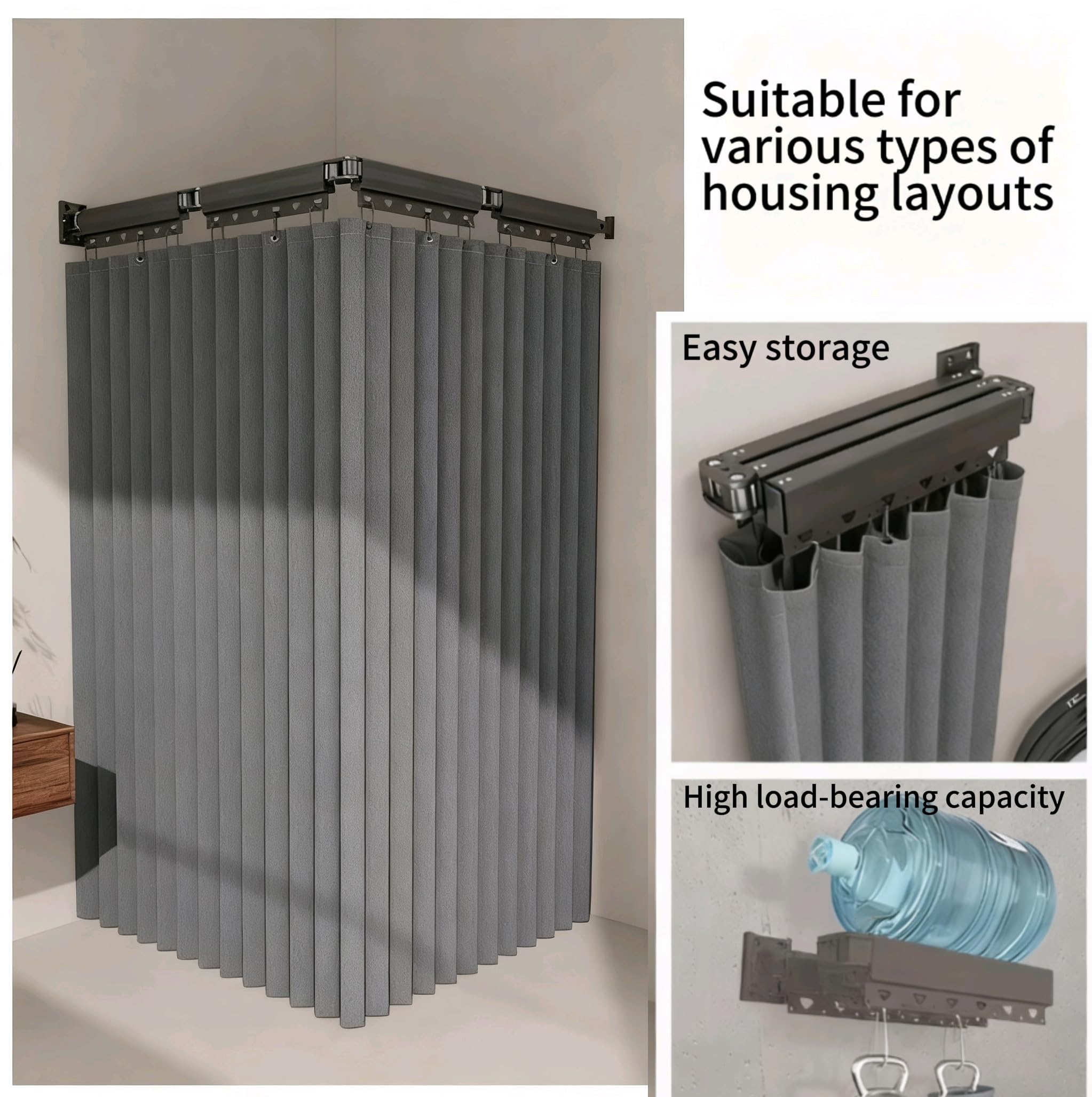Barra de cortina de ducha plegable con forro, ahorro de espacio sin taladrar para bañera o soporte, montaje en pared fijo, 70.8 x 78.7 pulgadas, fácil instalación