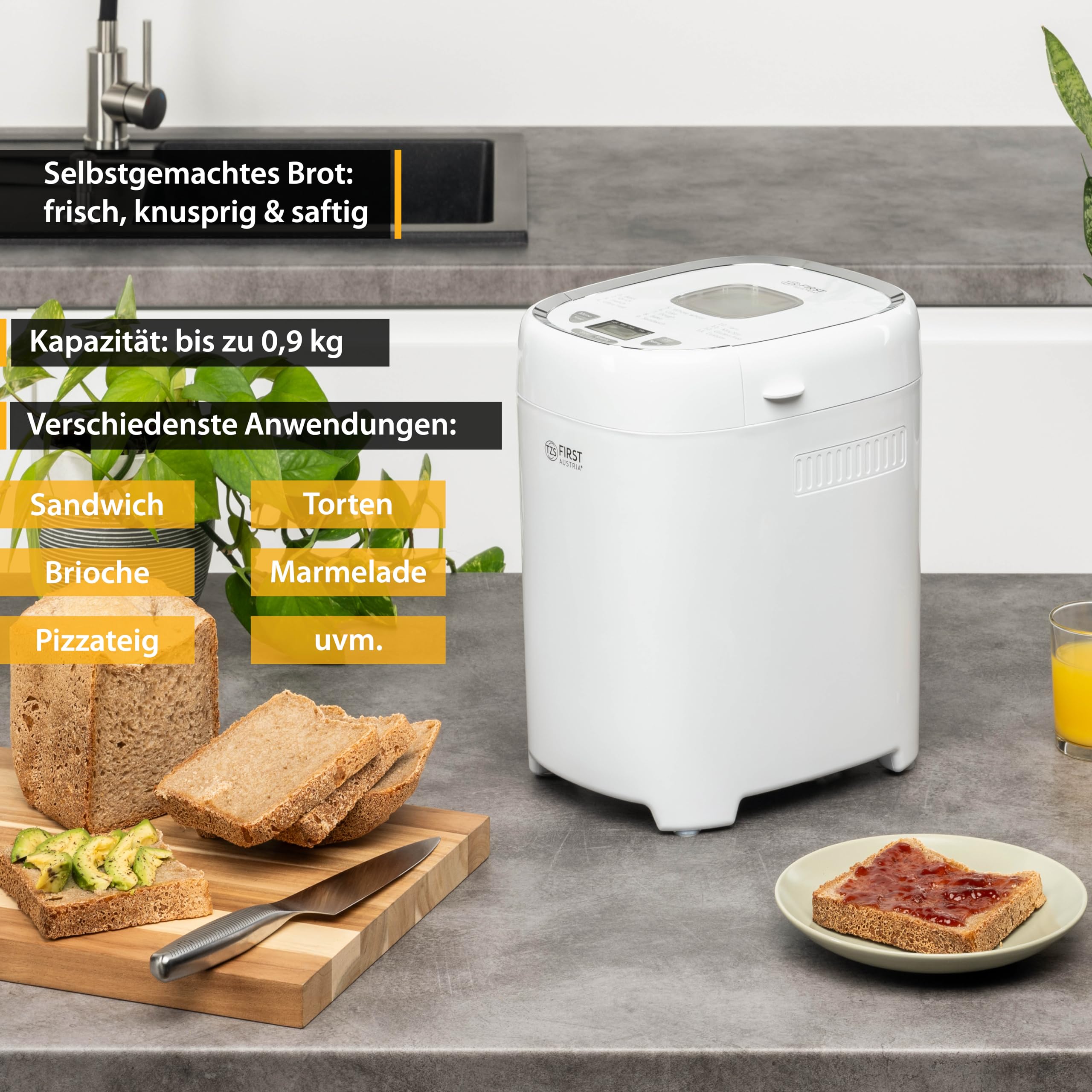 TZS First Austria - Brotbackautomat 900g - 550W - 13 Programme & Timer - Brotbackmaschine mit Knethaken - Weiß/Grau