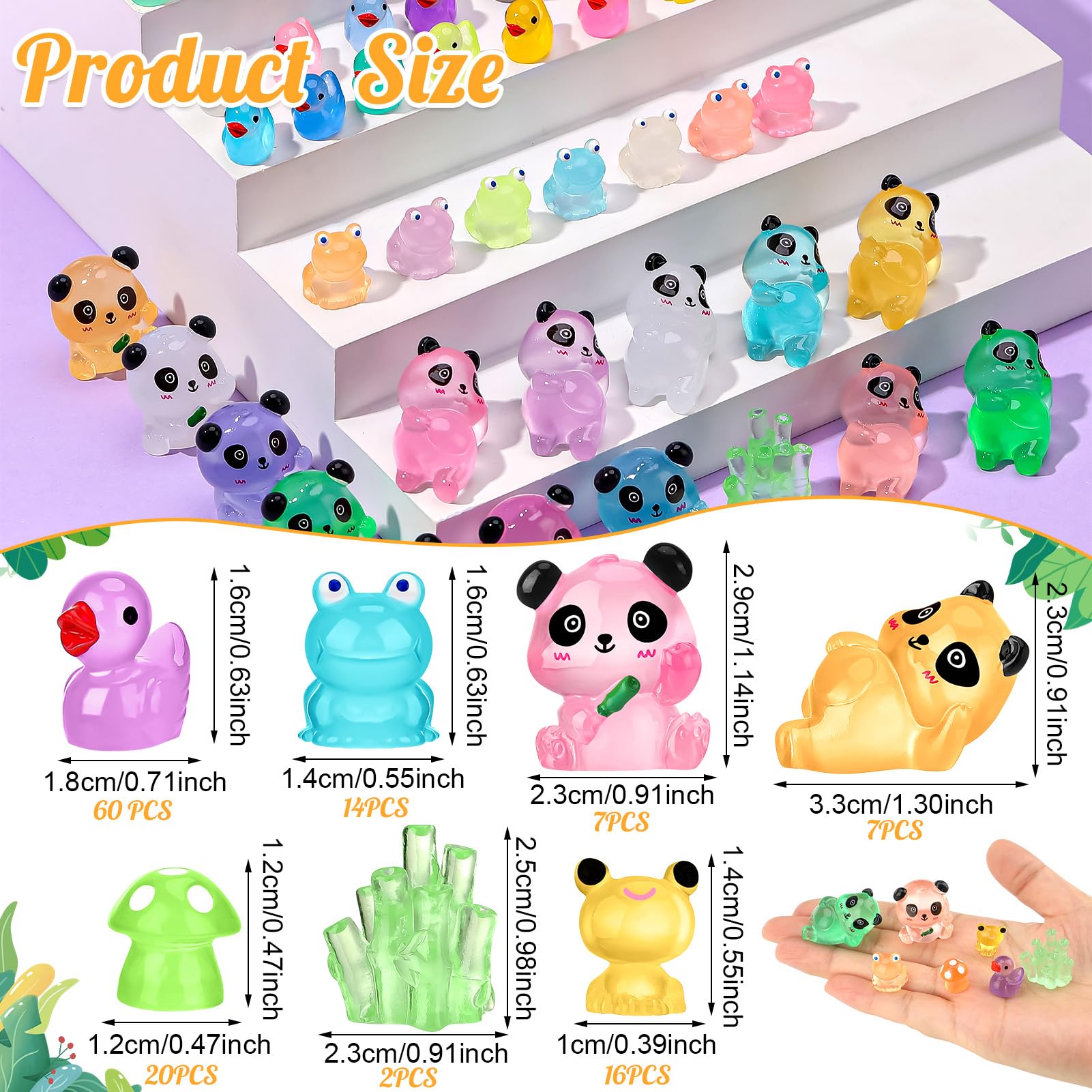 GSrenyu 126 Pcs Mini Resin Animals, Luminous Resin Ducks, Frogs, Dogs, Pandas, Mushrooms - Image 2