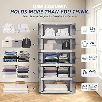 SAILUN Stackable Storage Box Folding Storage Box with Lid Closet Organizer Storage Foldable Storage Box with Door Gray Storage Box 26W x 17D x 71H