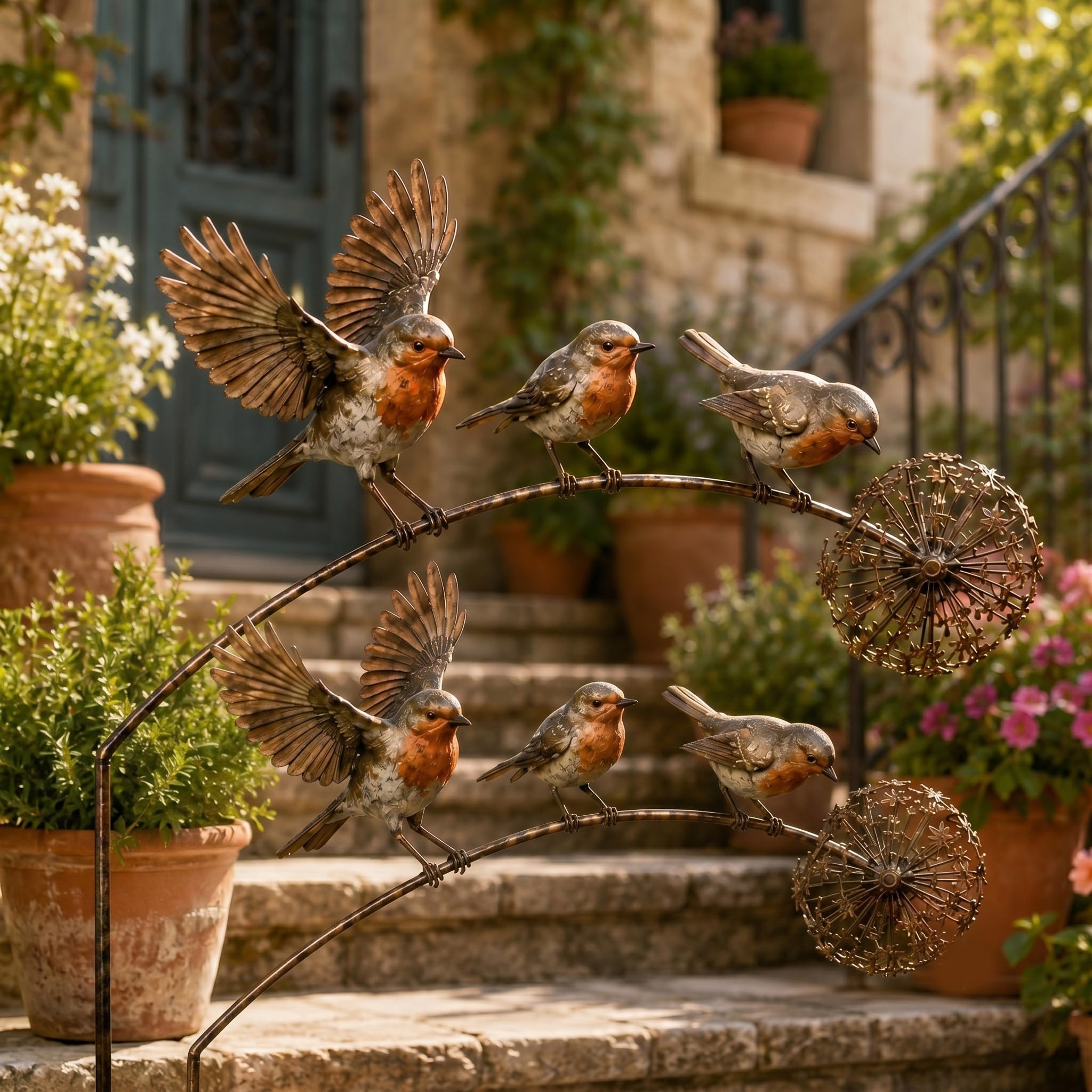 Ornement de jardin rouge-gorge en métal patiné, art extérieur et tuteur de fleurs, 2 unités