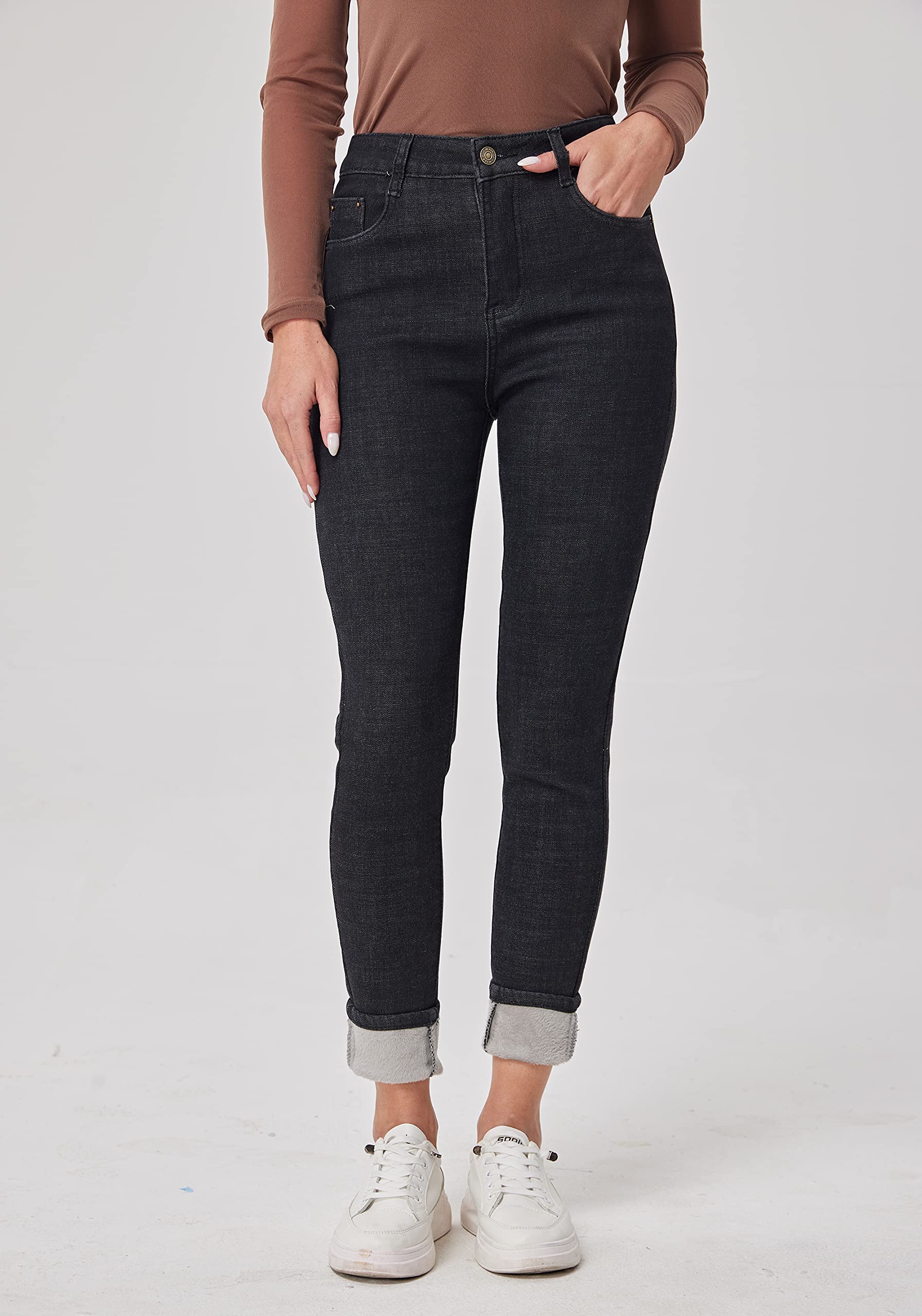 Fakanhui Jeans da donna foderati in pile, invernali, foderati in flanella, jeans termici